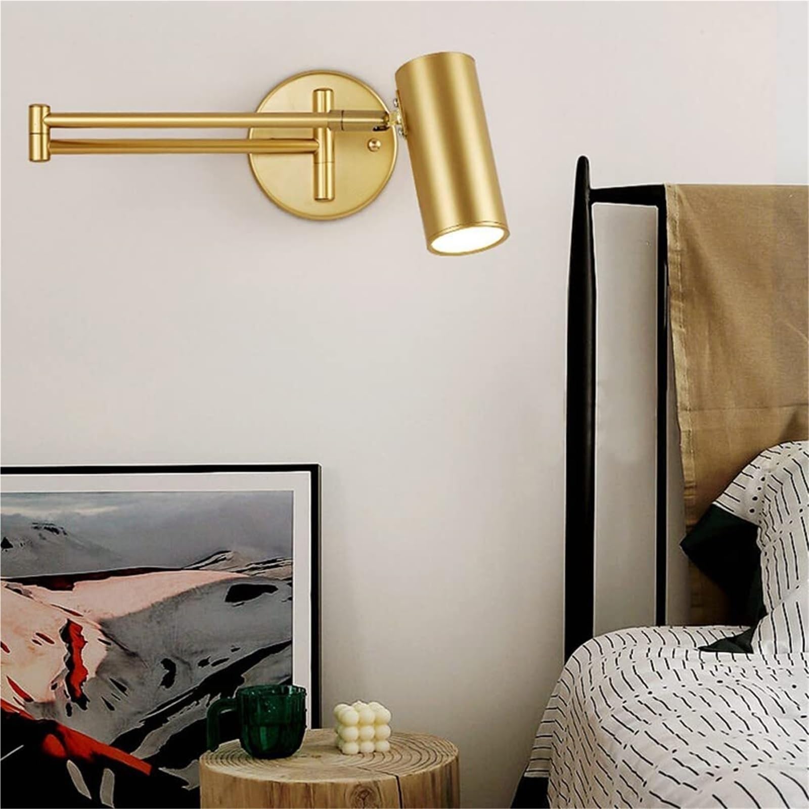 Lampy Ścienna Nowoczesna z Ramieniem LED, Kinkiet Regulowany Oświetlenie Ścienne Czytania Cylindryczne do Sypialni Salon Biuro E26(Gold,3 modes)