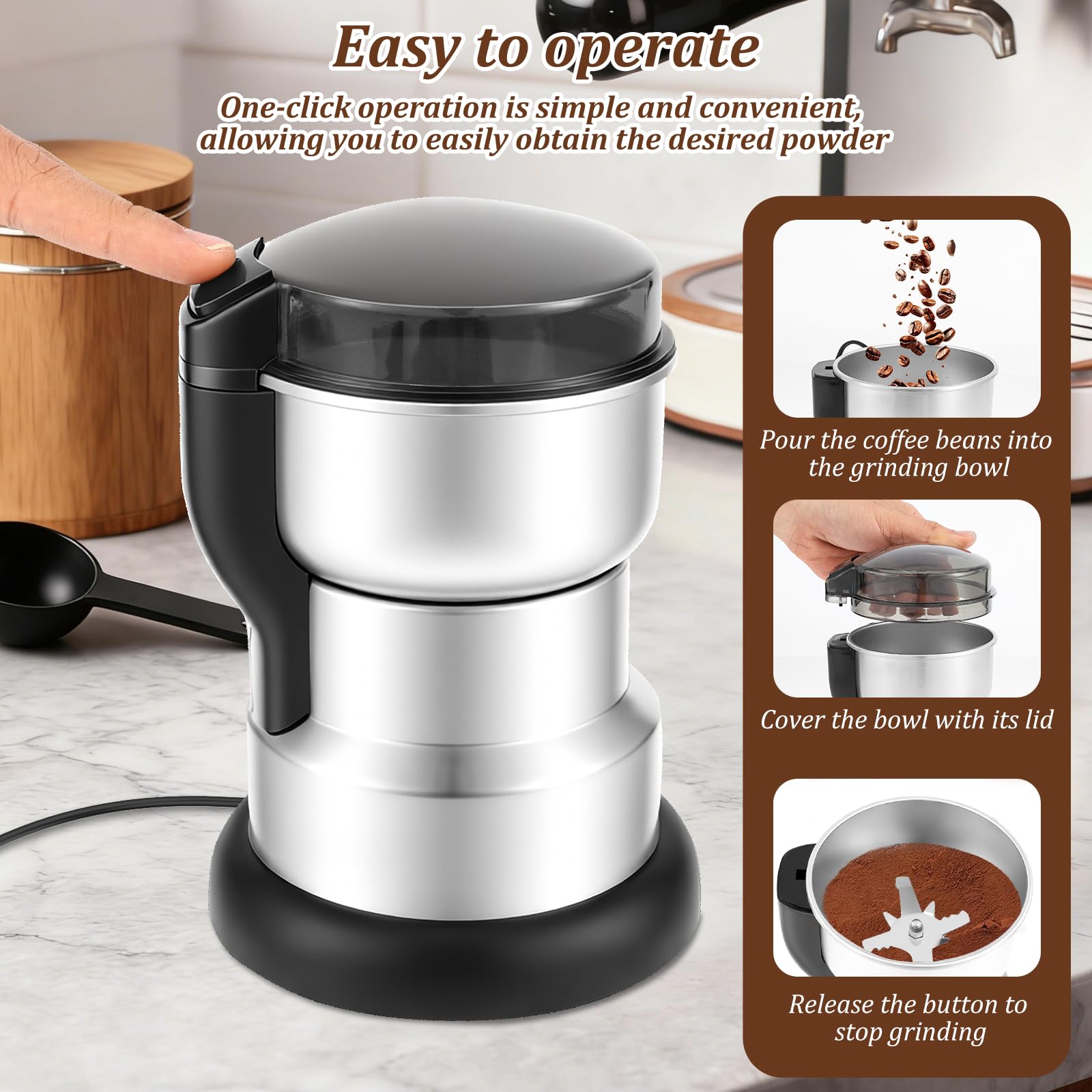 Macinacaffè elettrico 300W macinacaffè One Press con lame in acciaio inox coperchio trasparente portatile per fagioli spezie, erbe