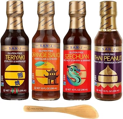 SPICE OF LIFE San-J Gluten Free Stir-Fry & Marinade Sauces, Teriyaki, Orange Sauce, Szechuan, and Thai Peanut - with Make ...