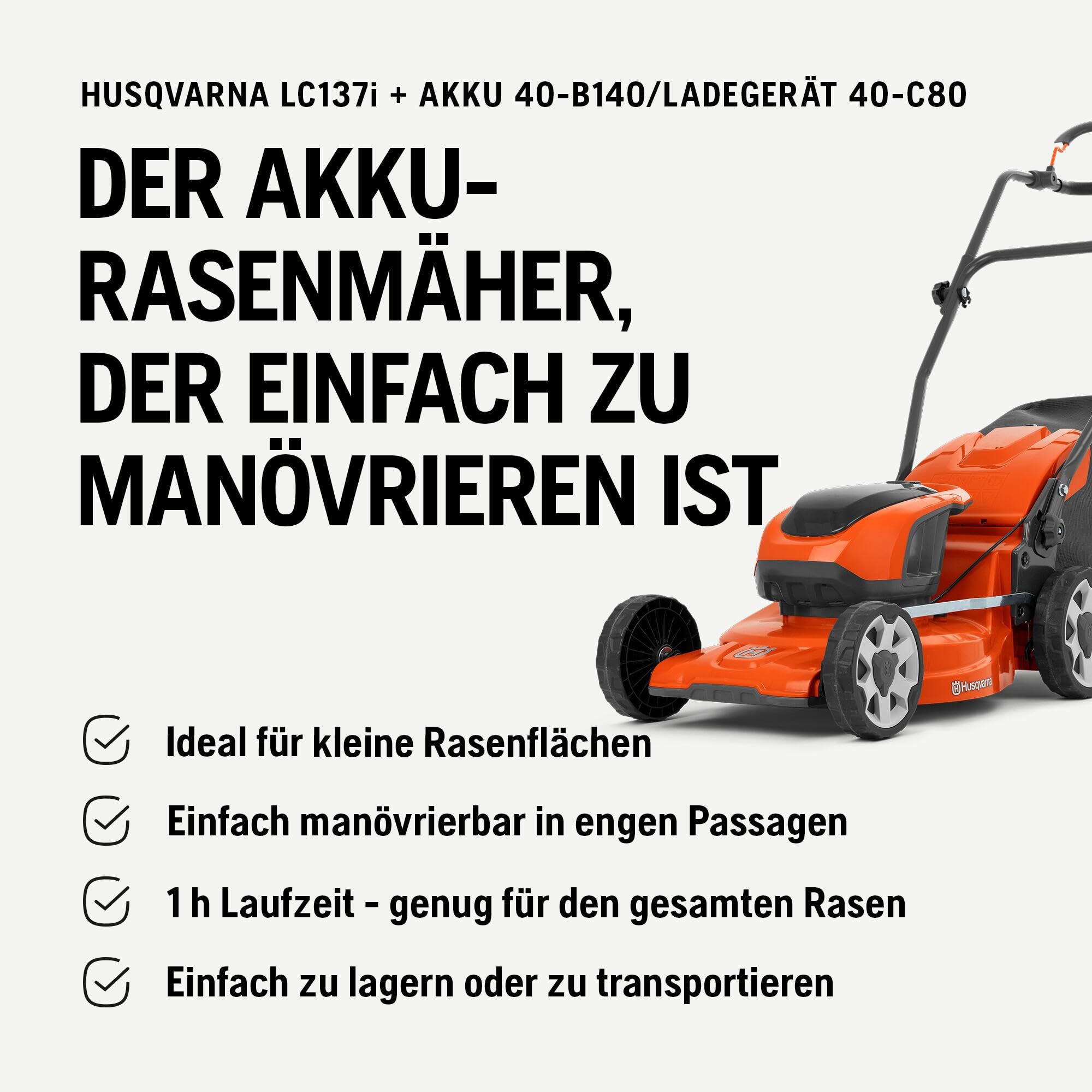 Husqvarna LC 137i Zestaw Kosiarki Akumulatorowej | 37 cm koszenia, lekka konstrukcja dla małych ogrodów, z akumulatorem