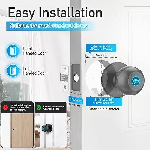 Miniatura 7 de Cerradura de puerta de huella dactilar, perilla de puerta inteligente con cerradura, cerradura de puerta biométrica con control por aplicación y