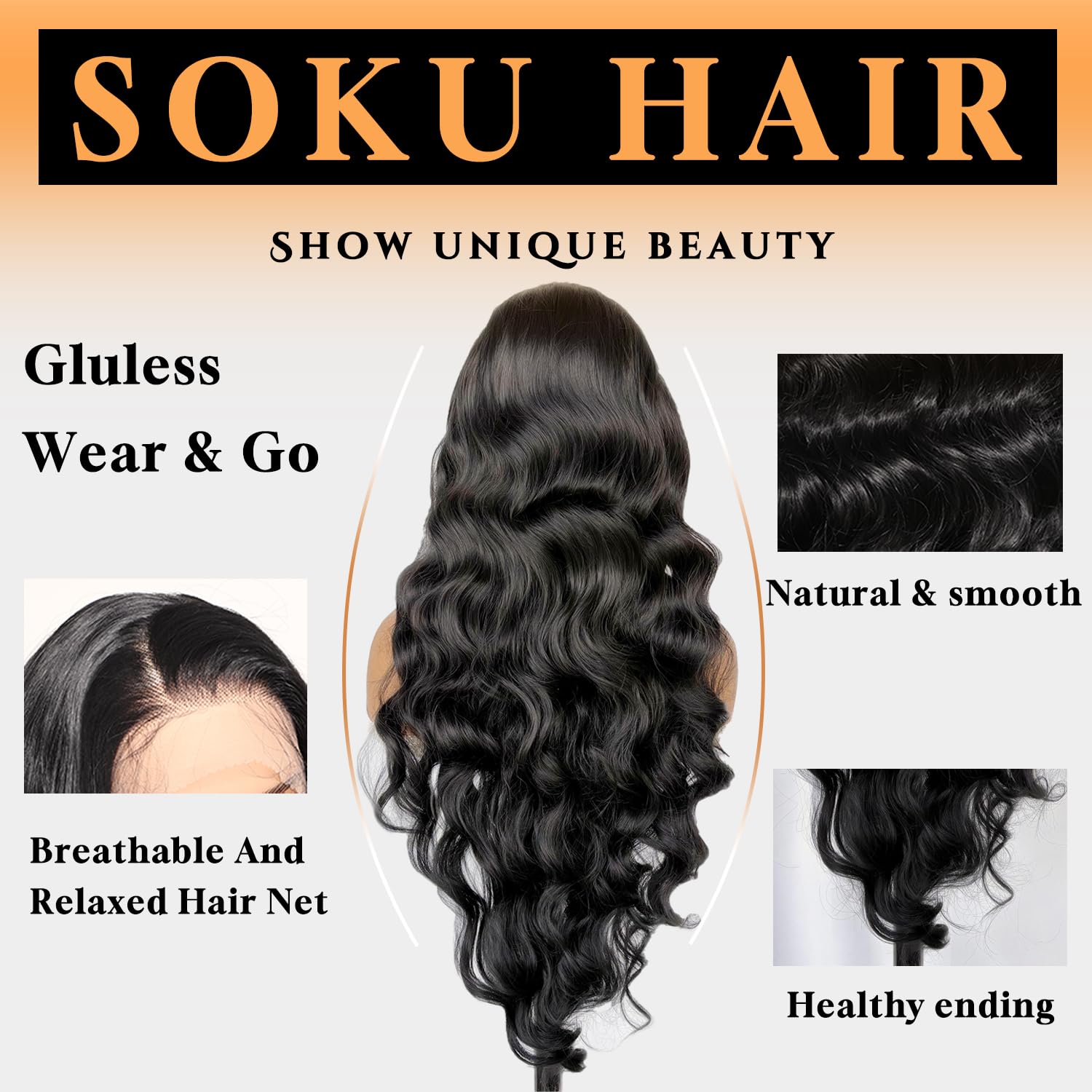 SOKU Perruque Synthétique de haute qualité Ondulée Longue Noire 81cm 13x6 Dentelle frontale avec Baby Hair pour Femme Naturelle