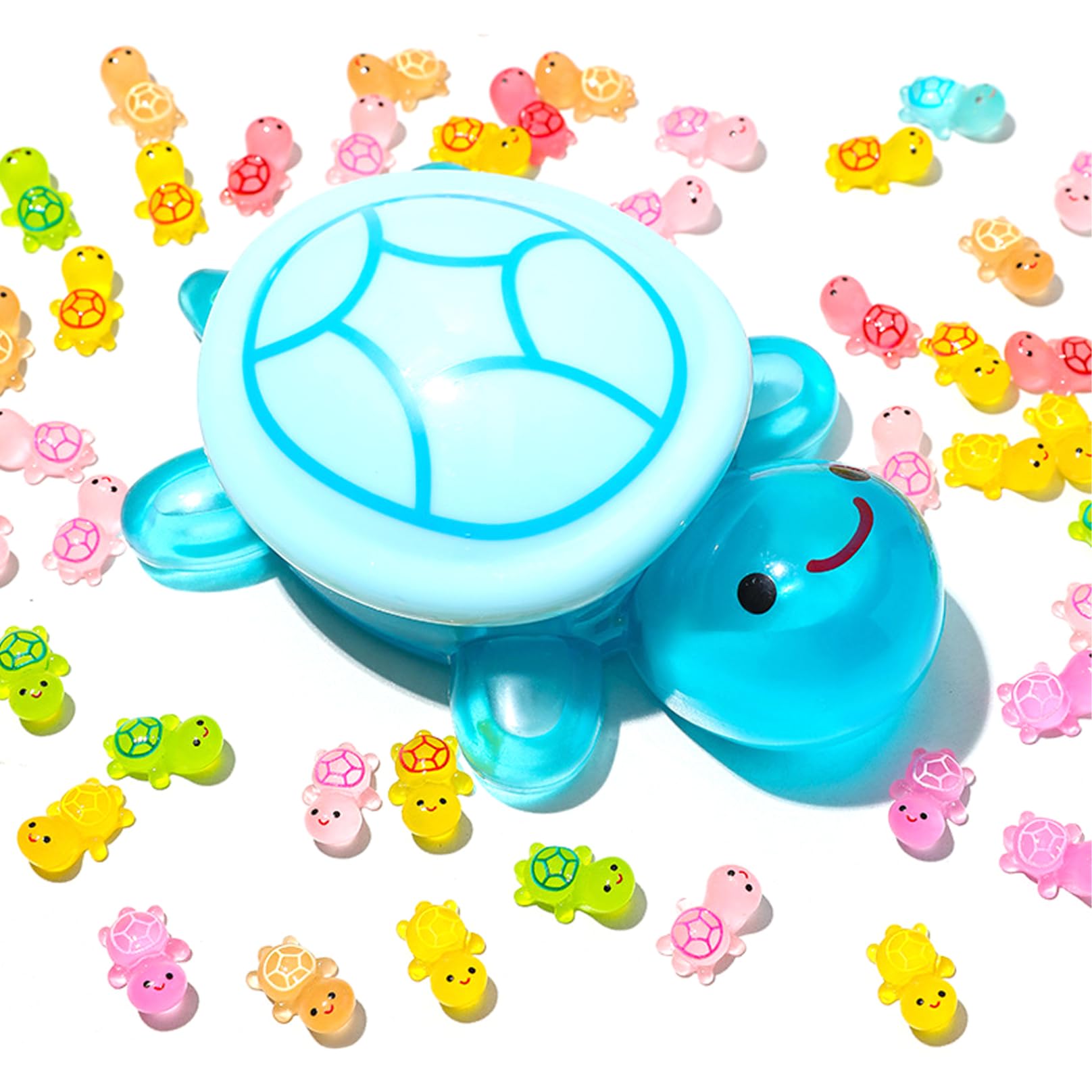 Nukinp 100 Mini Turtles with Large Glow in The Dark Turtle, 6.7 Inch Storage Turtle with Tiny Plastic Animals for Decoration Hiding Games &1