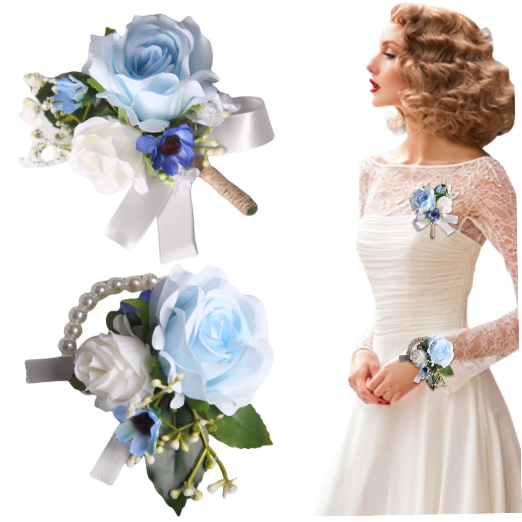 StaZamor 2PCS Artificial Blue Rose Corsage and Boutonniere Set, Wristlet Corsage for Wedding Party Prom Decorations, Elegant Floral Accessories