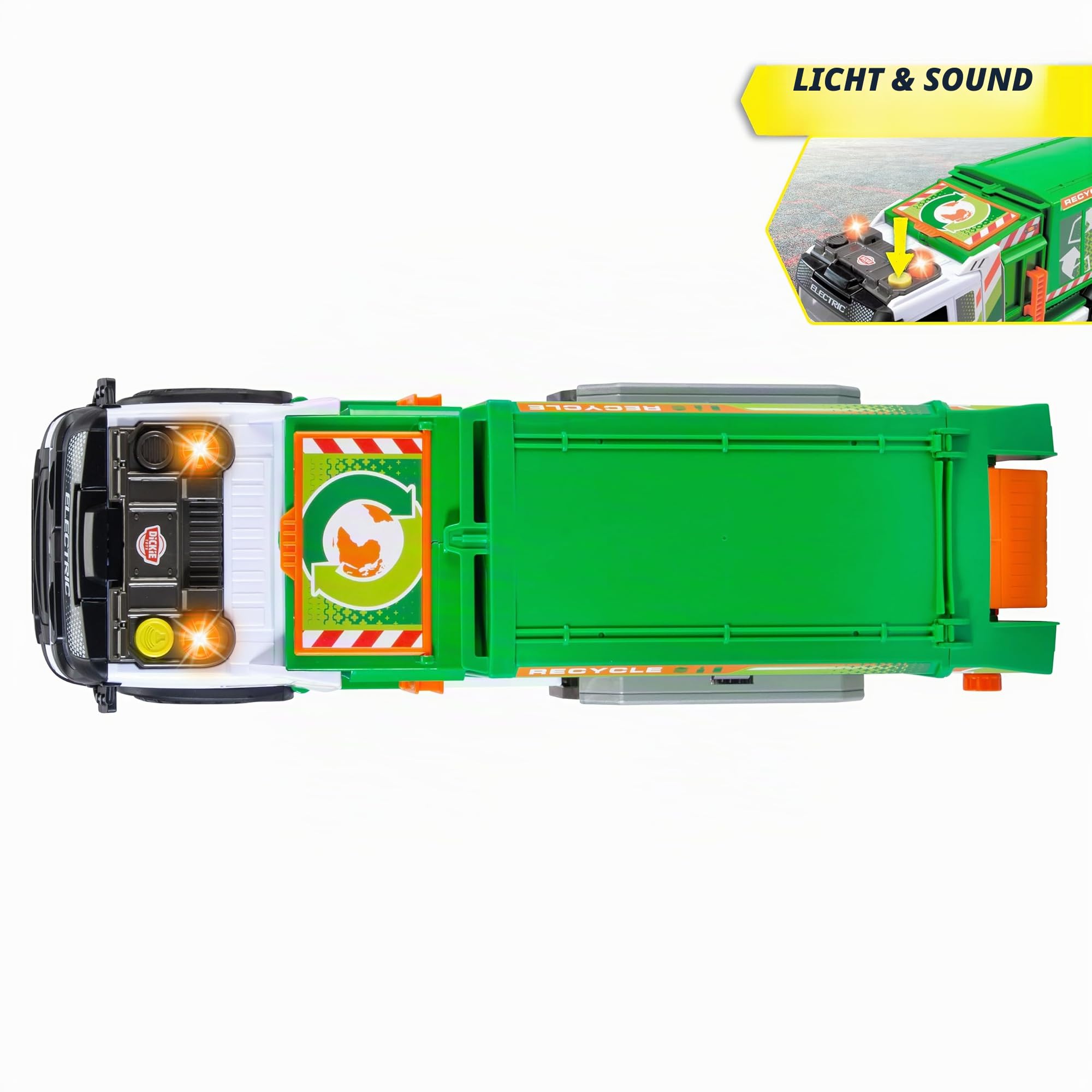 Dickie Riesenrecycling-LKW Volvo FMX 55 cm, Müllsammelwagen mit Licht und Sound, manuelle Kippfunktion, bewegliche Teile, Frontfach und Mülleimer, ab 3 Jahren (203749040)