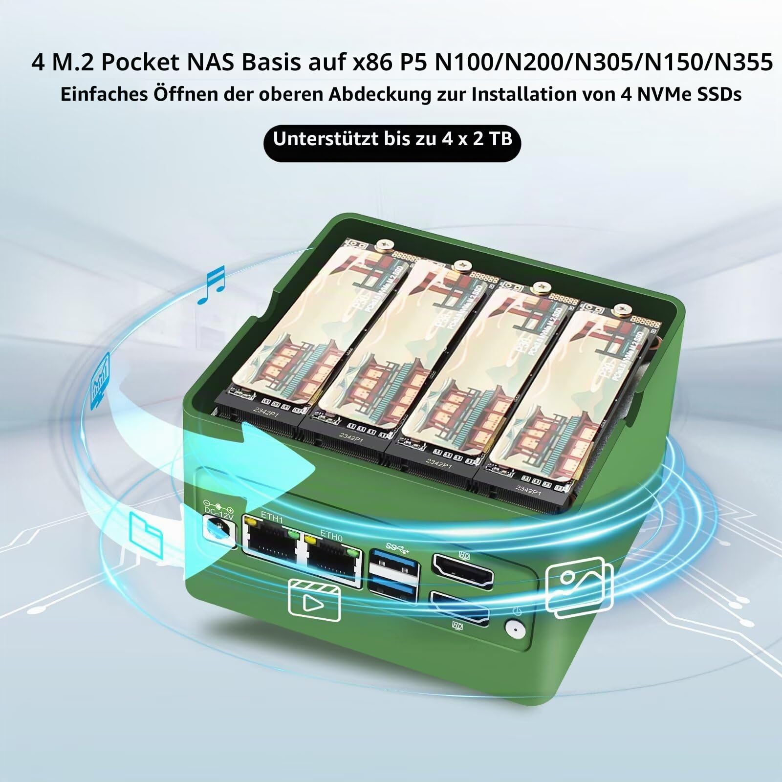 4 Bay NAS Mini PC Low Power N150, 4 x NVMe Micro NAS Server with Dual 2.5GbE i226V, Network Attached Storage for Home Pocket with USB3.2, Barebone (NO RAM/SSD/System)