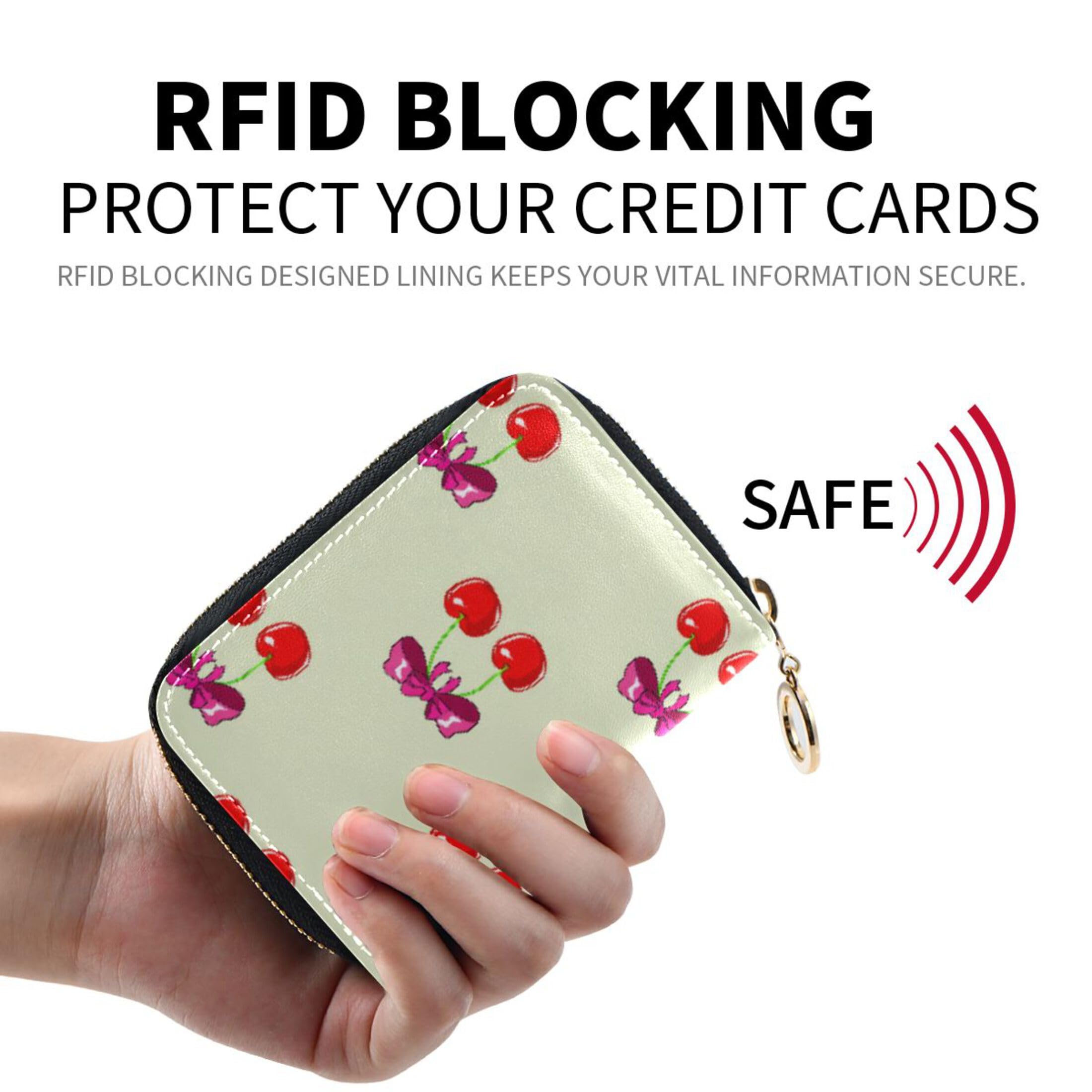 Burbuja Red Cherries with Bows Credit Card Holder for Women Men RFID Blocking, Leather Accordion Zipper Card Case Wallet 11 Slots