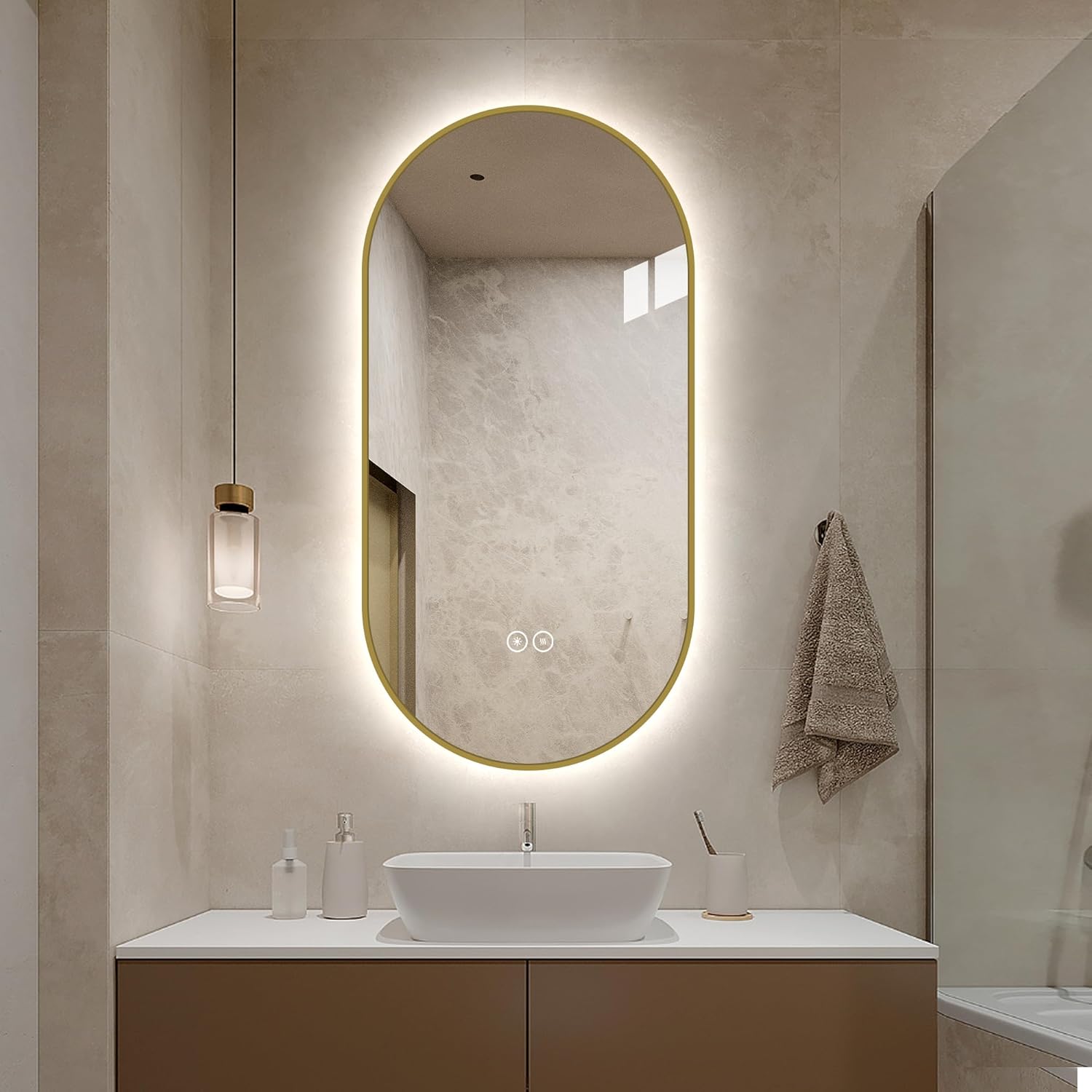 LAIYA 24V Full-Power Oval LED Bathroom Vanity Mirror,48x24in Golden Aluminum Frame Backlit Mirror with Light, Smart Anti-Fog Waterproof Mirror with Memory Function Dimmable Lighted Mirror