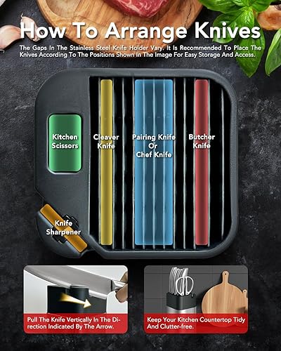 Miniatura 9 de Juego de 6 cuchillos de chef profesional, juego de cuchillos afilados de acero inoxidable plateado para cocina con afilador integrado, mango