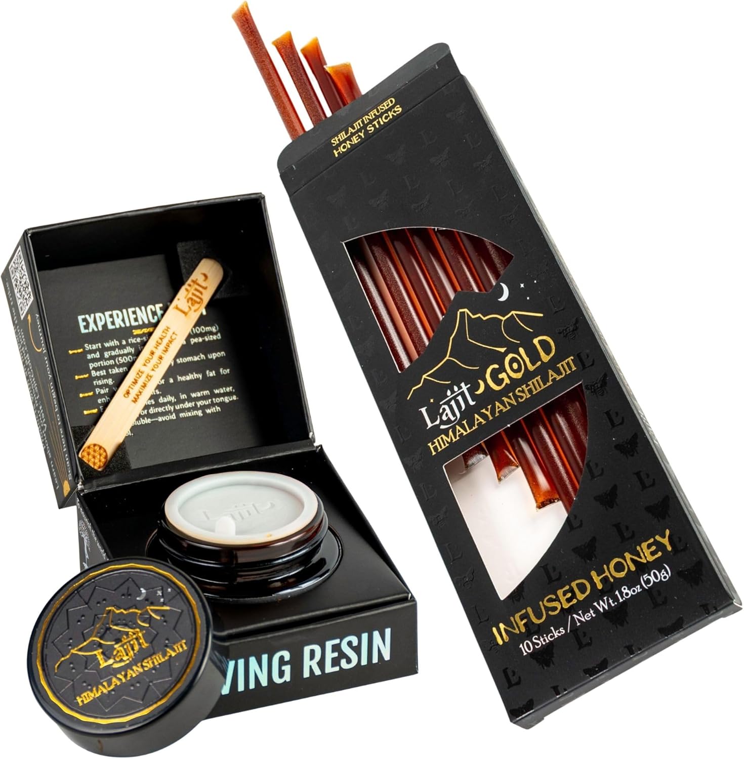 Lajit Gold Himalayan Shilajit Bundle – Gold Grade Resin + Honey Sticks – Sourced by Sherpas at 18k Ft – Organic, Lab Tested, Pure & Potent Shilajit for Men and Women