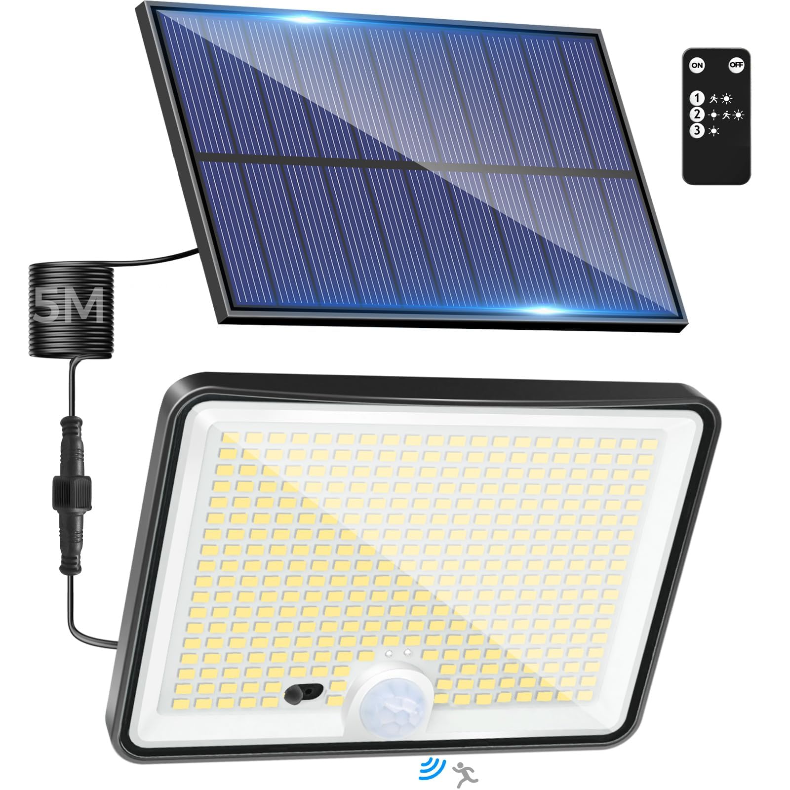 LOTMOS 1 Pezzo Luce Solare Led Esterno con Sensore di Movimento, 342 LEDs Faretti Solari a Led da Esterno IP65 Impermeabile, 3 Modalità Lampada Solare con Telecomando per Giardino, Bianco Freddo