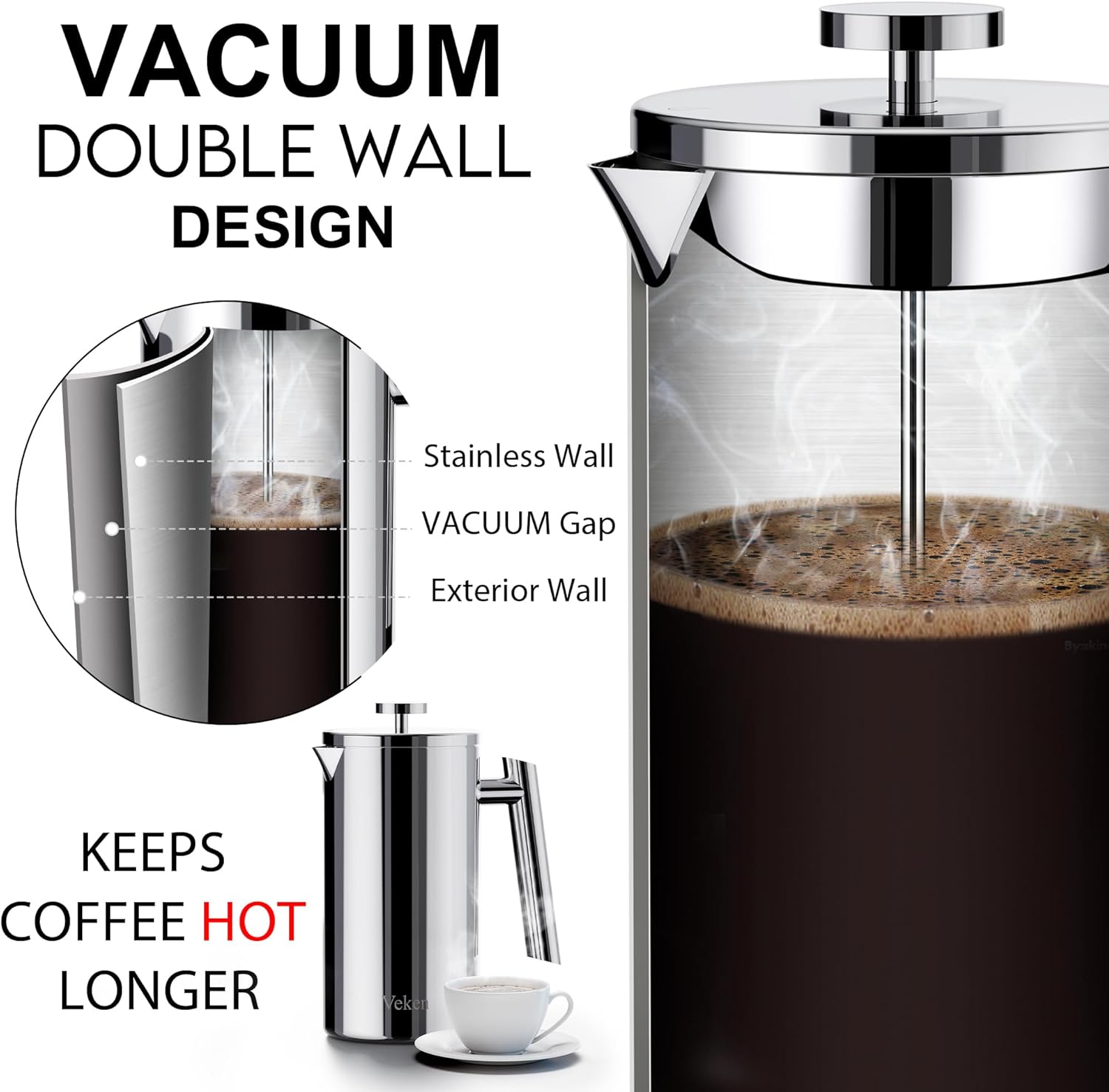 Veken French Press Coffee Tea Maker 34 Ounce 1 Liter, Double Wall Vacuum Insulated Stainless Steel Coffee Press with 4 Filter Screens, Rust-Free, Silver