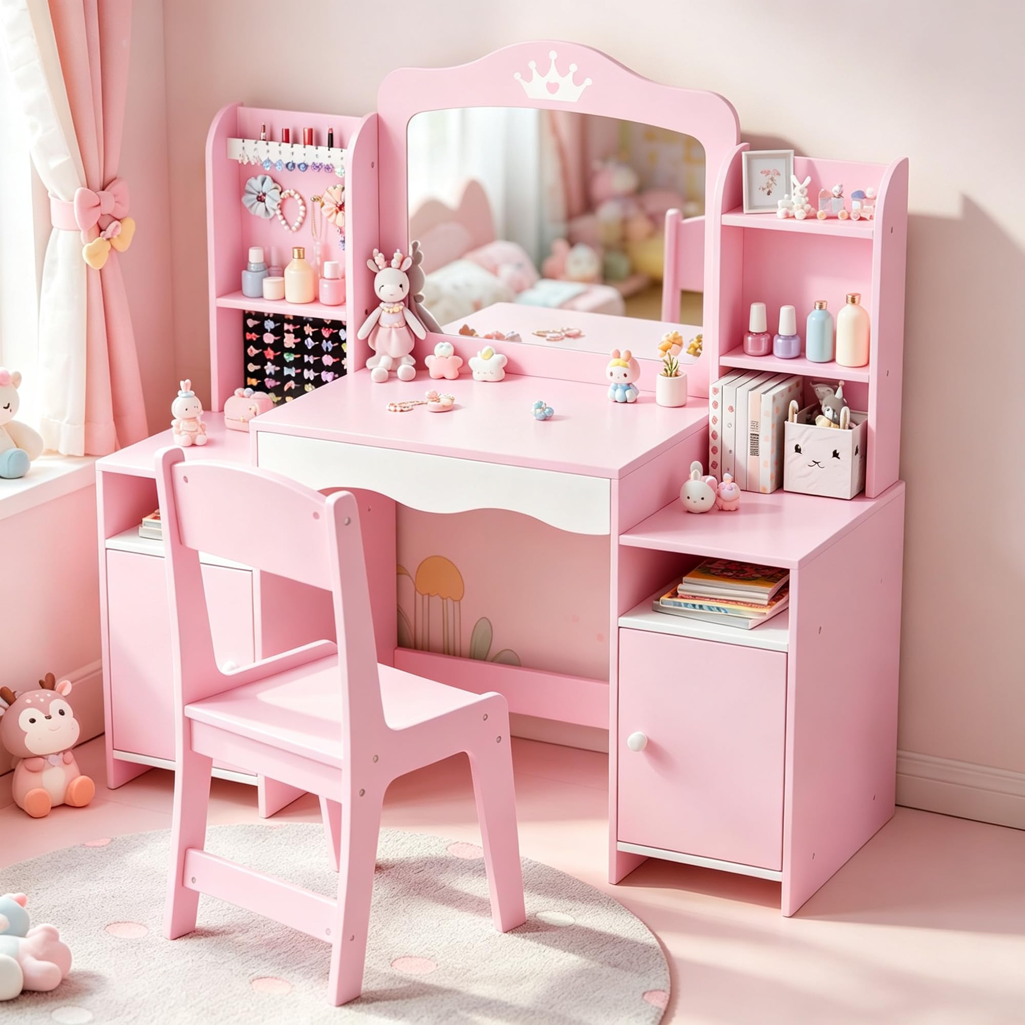 Xilingol Kids Vanity Table and Chair Set,2 in 1 Toddler Wooden Girls Dressing Table,Girls Vanity with Mirror Shelves, Drawer & Cabinet,Jewelry Storage,Princess Makeup Desk for 3-7 Years Old — image 1