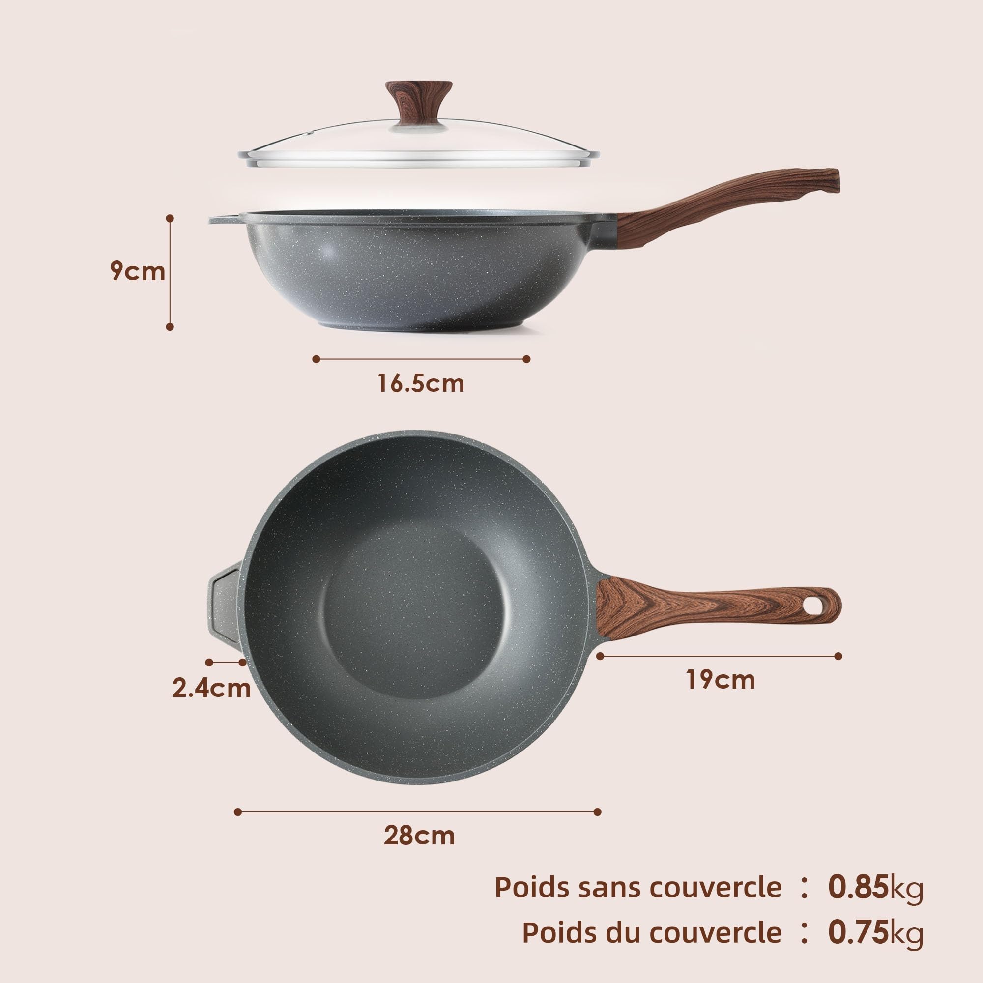 SENSARTE Poêle Wok 28 cm Antiadhésive avec Couvercle, Revêtement Granit Suisse ILAG Sans PFOA, Manche Ergonomique, Compatible Induction, Cuisson Saine