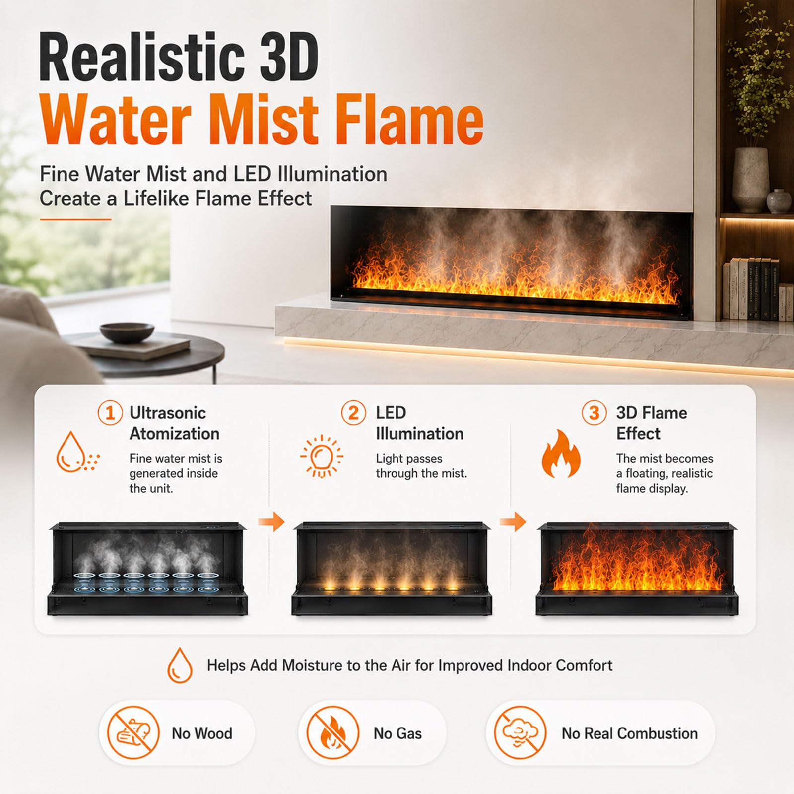 3D-Wasserdampf-Kamin, Elektrischer Kamin mit Zerstäubter Flamme