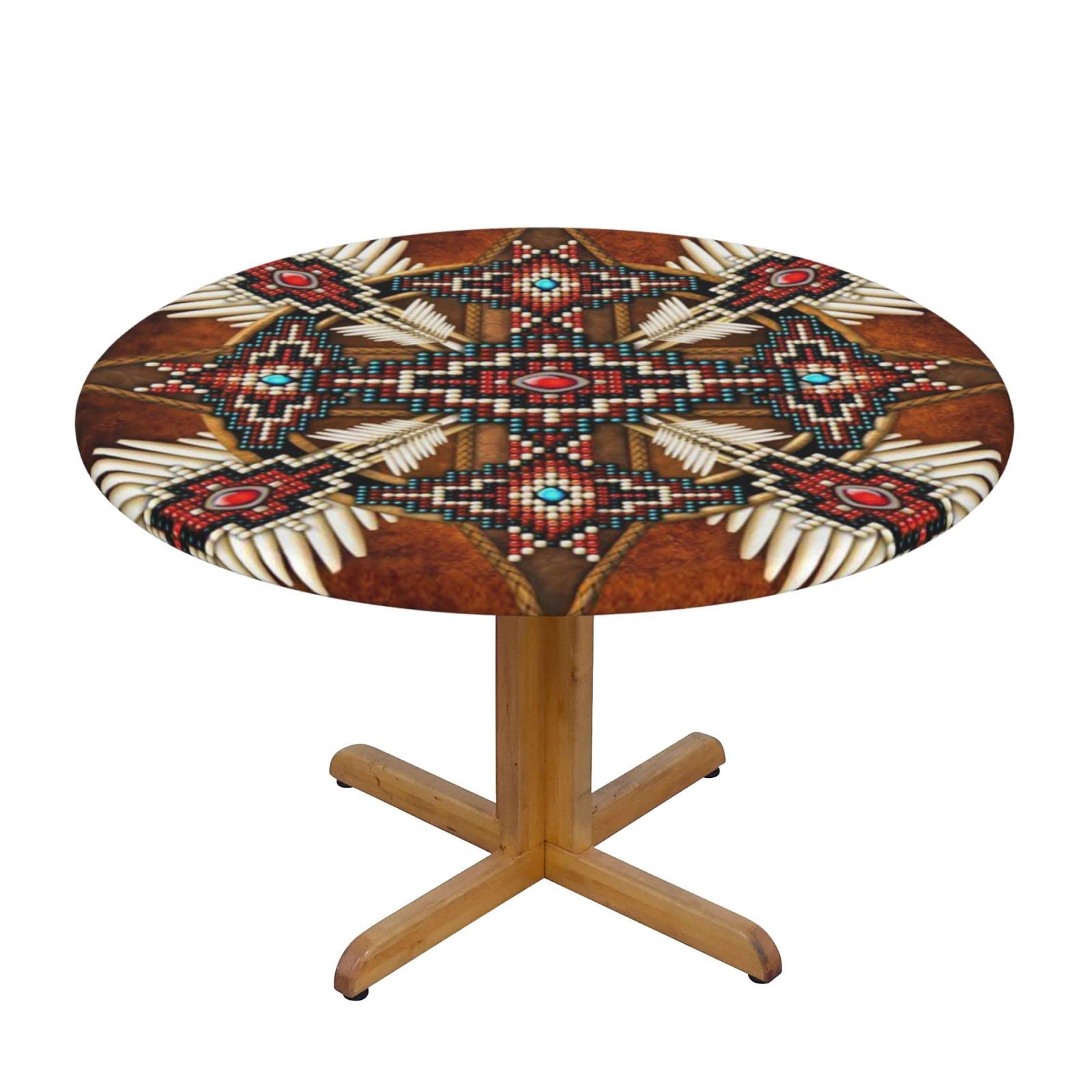 Lsjuee Round Fitted Tablecloth 45-50in Elastic Edged Table Cloth for Kitchen Dining Party Home Decor - Native American Tribe Maroonx