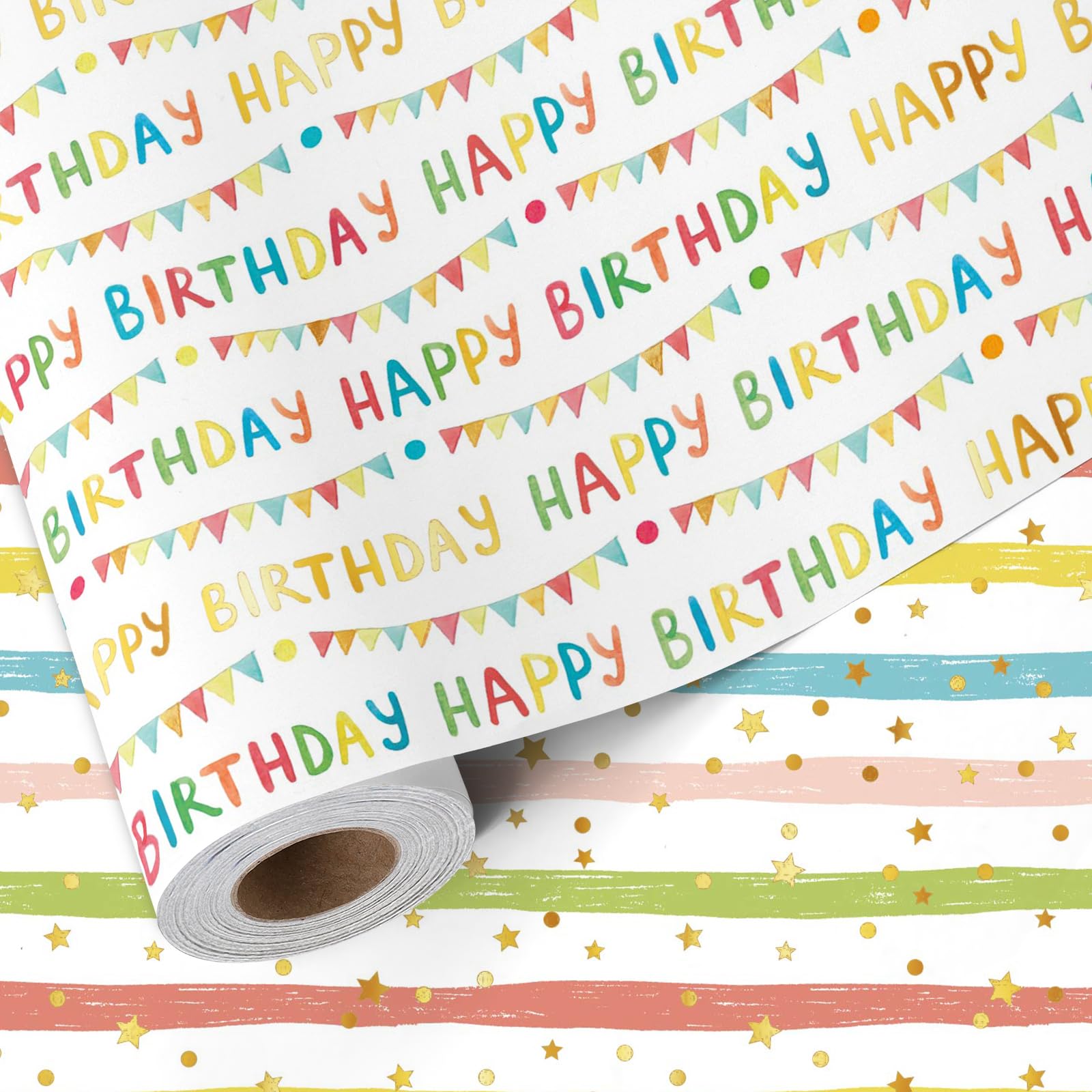 BIOBROWN Stripes & Birthday Wrapping Paper Mini Roll, Colorful Stripes & Birthday Letter Print Design, Fun Birthday Gift Wrap, Perfect for Birthdays, Celebration, 43cm X 10m