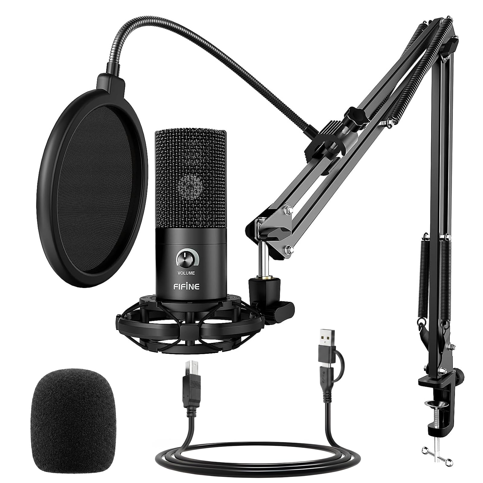 FIFINE Streaming Mikrofon PC mit Arm, USB Mikrofon PS4 PS5, Microphone für Gaming Podcast Studio, Popfilter, Shock Mount