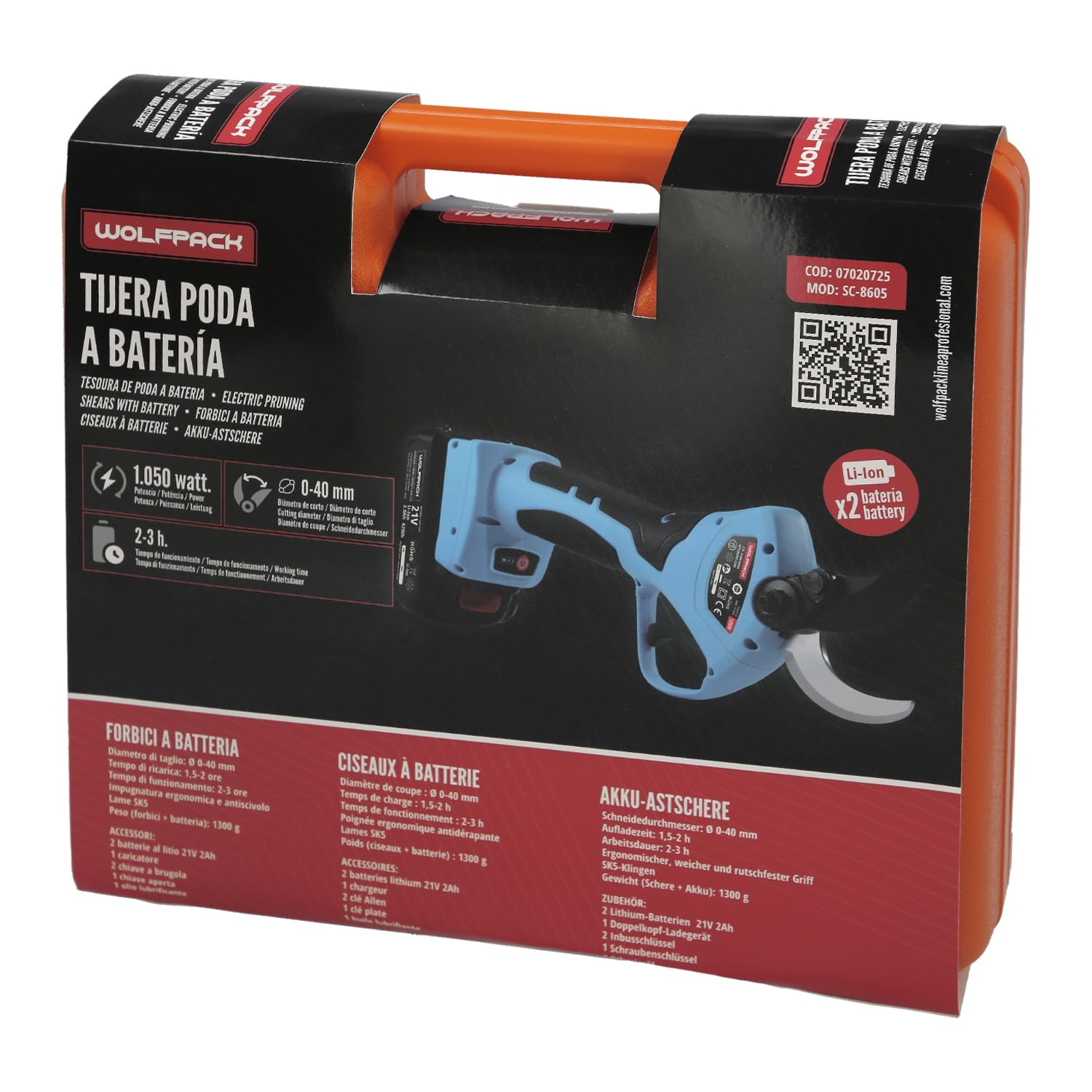 WOLFPACK LINEA PROFESIONAL Tijeras Podar A Bateria 21 Volt. Con 2 Baterias 2 A/h Mango Engomado, Ø Corte 40 mm.Con Maletín