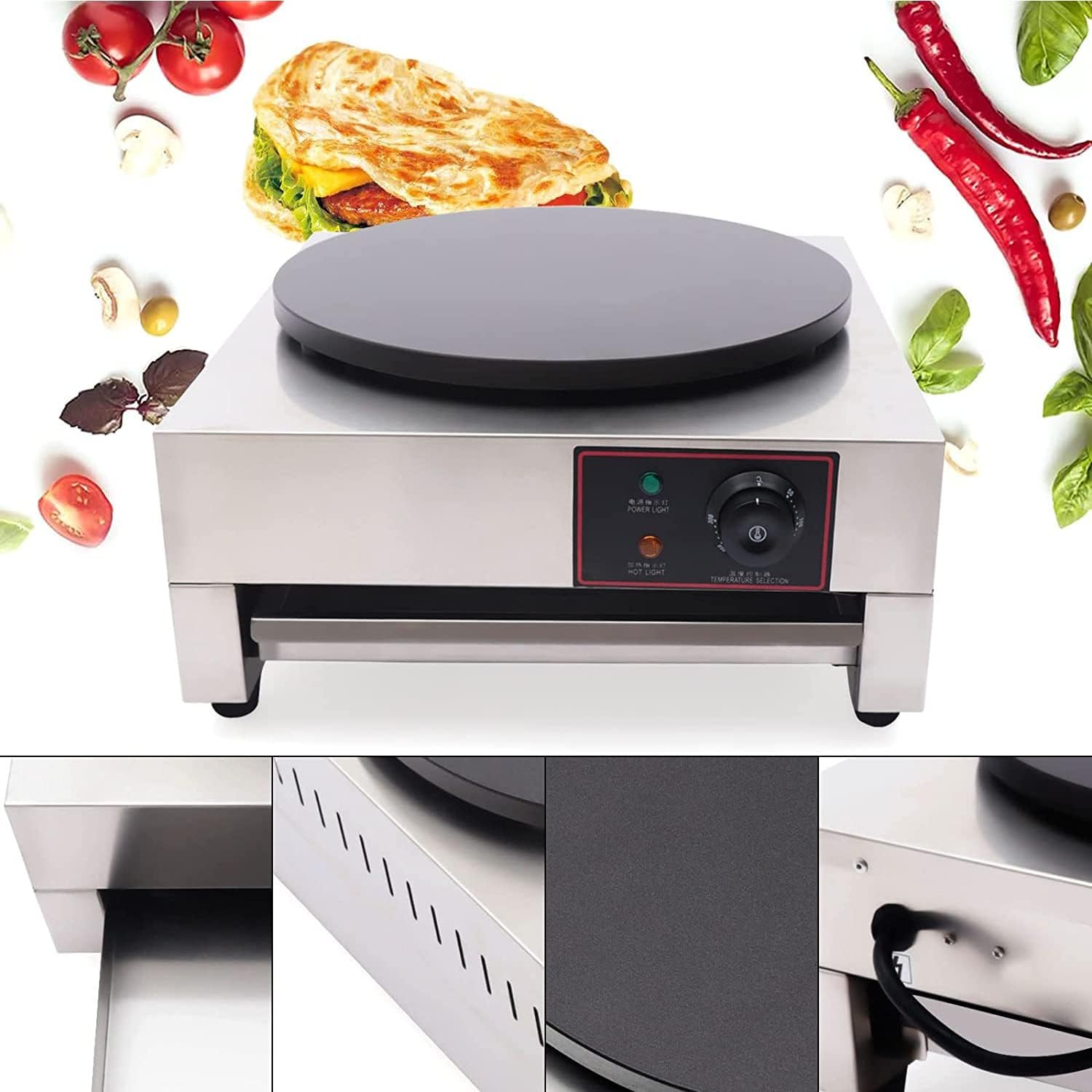 Non-Stick Electric Crepe Maker, 16in Round Commercial Pancake Maker, Adjustable Temperature for Blintzes, Eggs, Tortilla,6000W