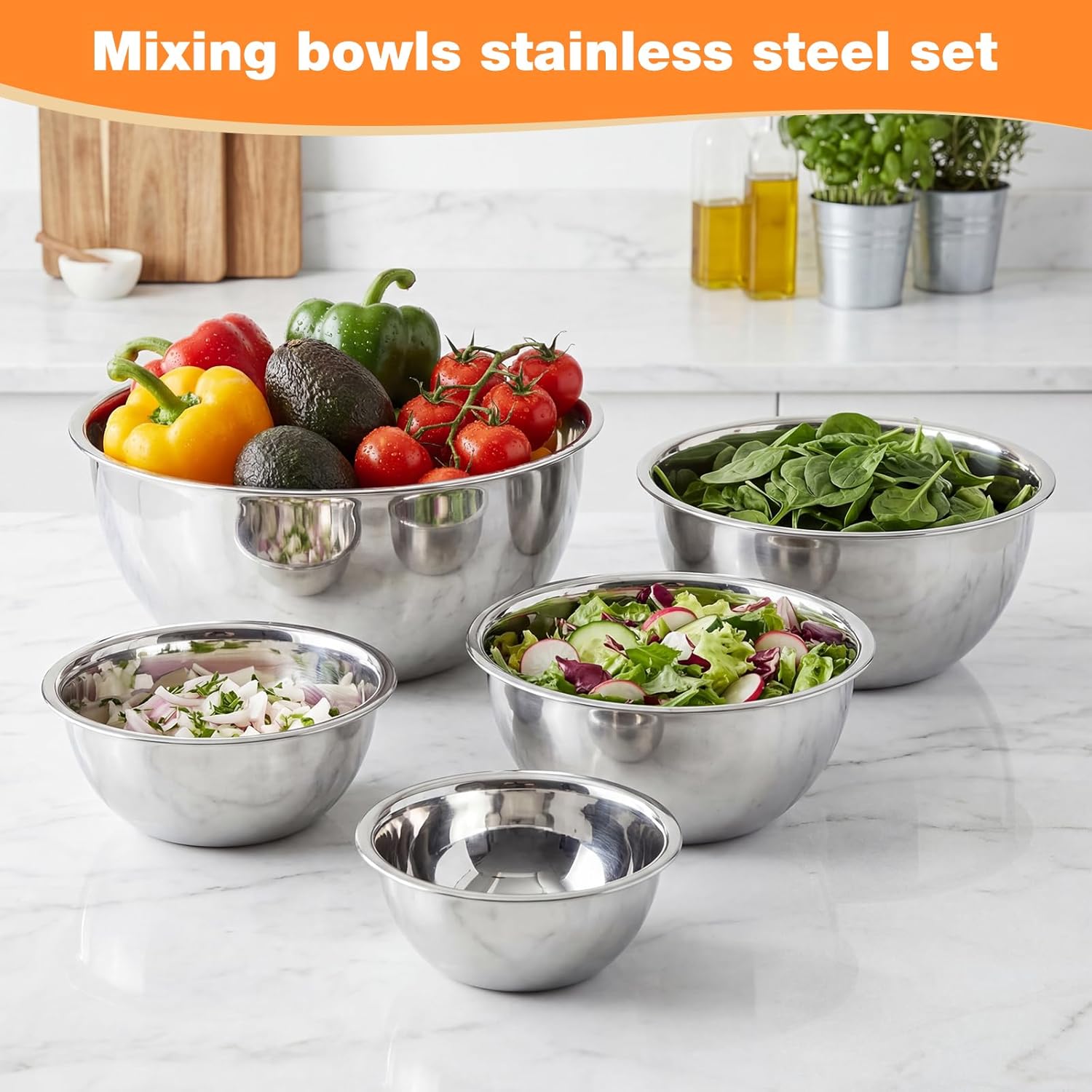 Domensi Stainless Steel Mixing Bowls Set - 5-piece Polished Mirror Nesting Bowls 1.25, 2.75, 4.25, 6.25, 8 Quart Thickened Material Ideal for Kitchen, Cooking, Baking and Storage, Deep