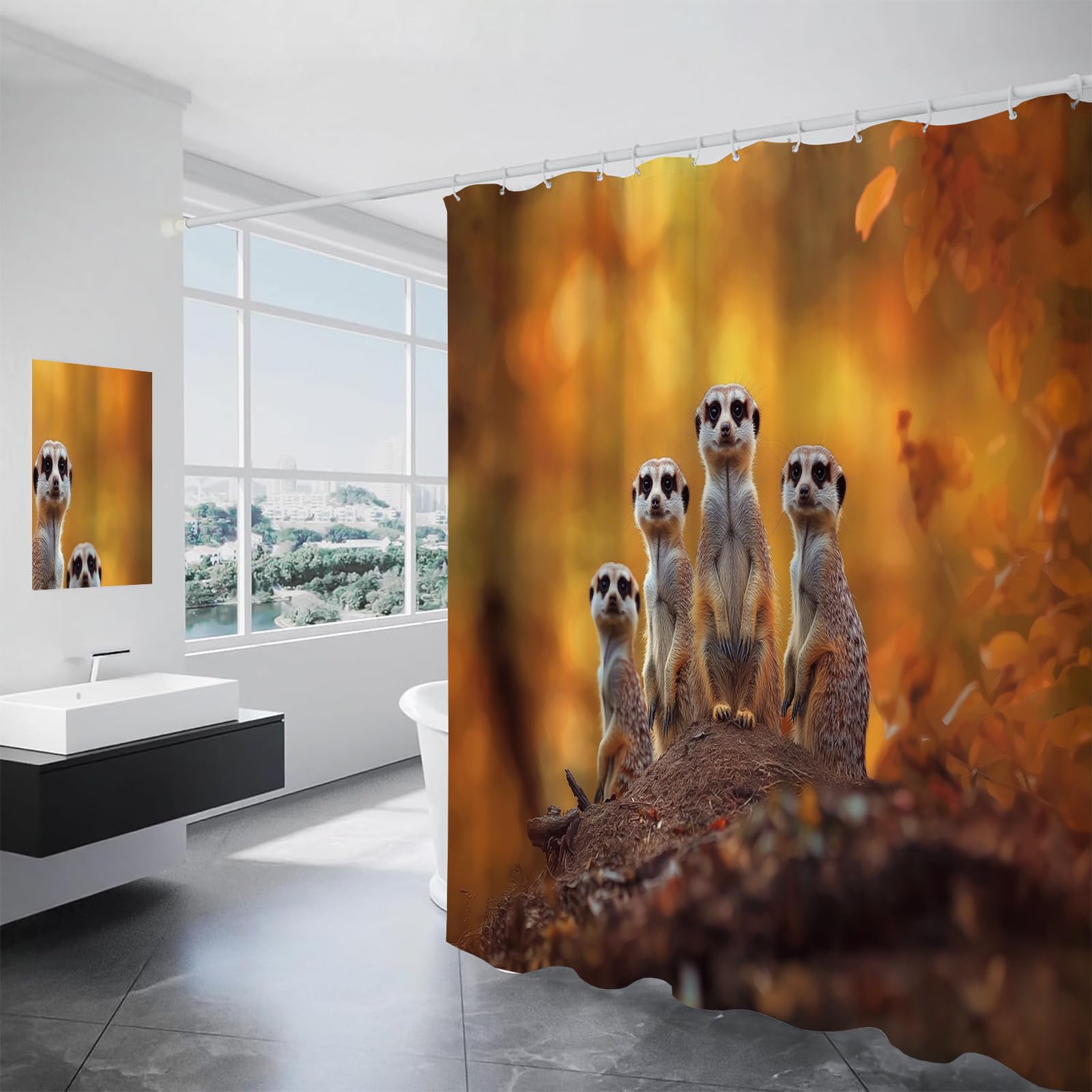 Rideau de douche automne et suricates 150x180 cm imperméable pour salle de bain