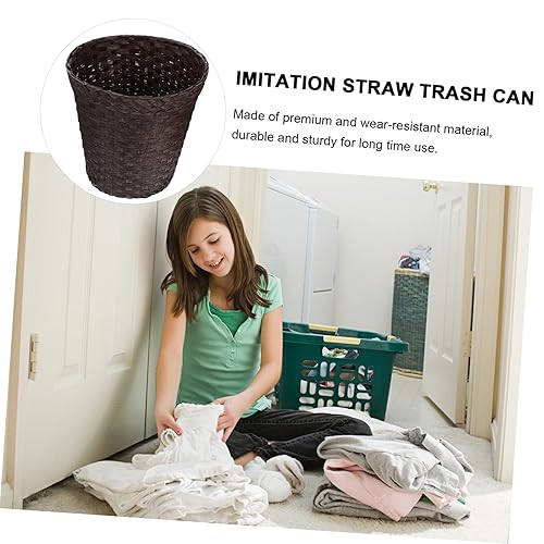 Miniatura 2 de Garneck Recipientes de basura de paja de imitación con tapas, cubo de basura de bambú personalizado, pequeño bote de basura automático para baño,