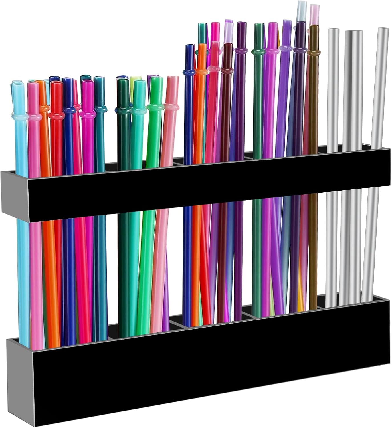 9.5” Large Acrylic Straw Holder for Cabinet Door - Reusable Tumbler Straw Organizer Storage, Small Kitchen Accessories Container, Ultra Sticky Cupboard Door Mounted (Black)