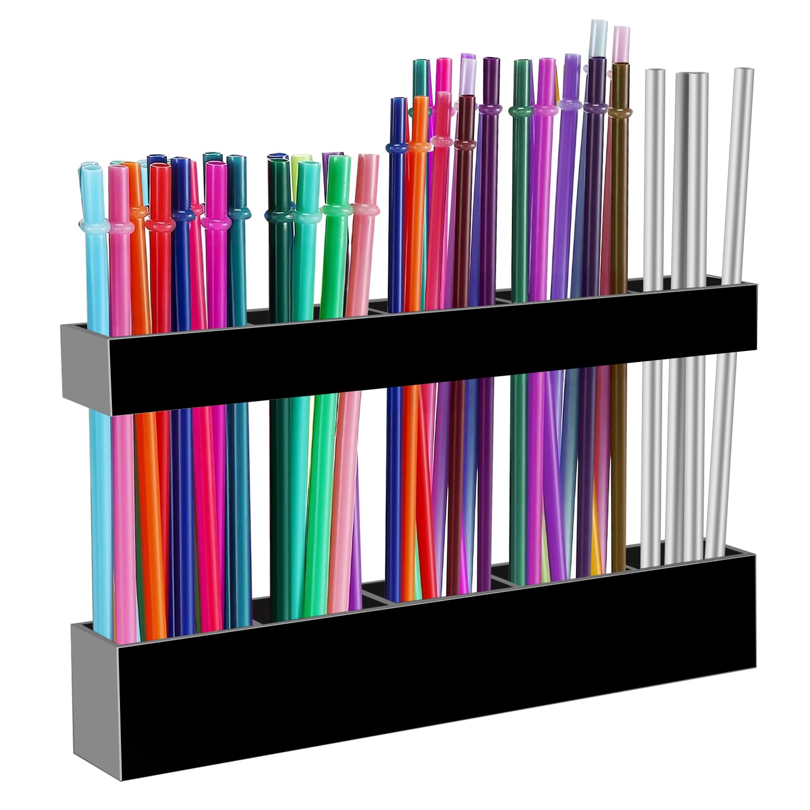 Malldii 9.5 inch Large Acrylic Straw Holder in black, mounted inside a cabinet door, filled with various colorful straws.