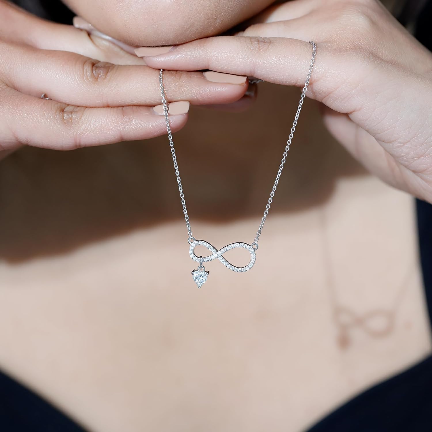 Certified Moissanite Infinity Necklace in Silver, D-Vs1 Quality, Moissanite Heart Drop Necklace - Romantic Gift For Her - Image 3