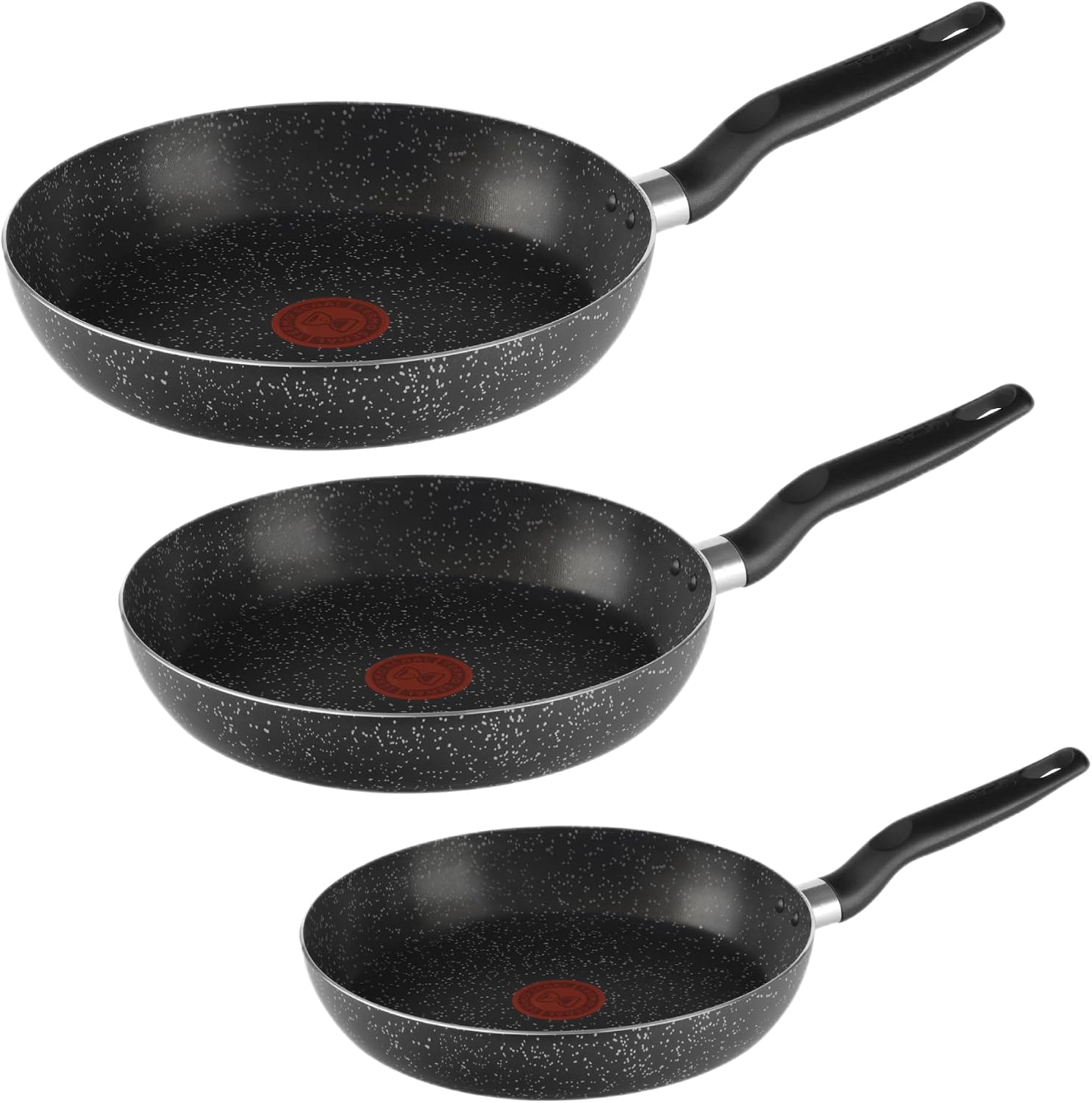 T-FAL Juego de sartenes easy cook efecto piedra cubierta antiadherente, con indicador de calor thermo-señal y base de difusión. Medidas de sartén 20, 24 y 26 cm, B4440482AMECS