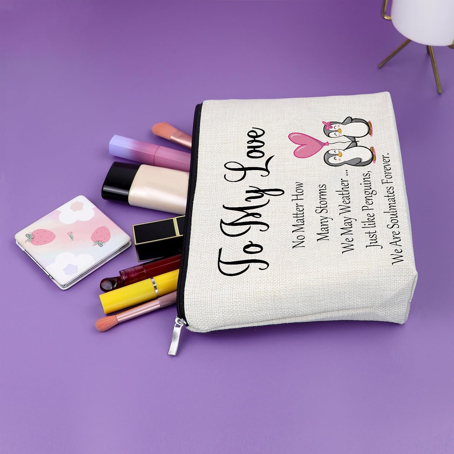 Penguin Love Gift Makeup Bag Anniversary Romantic Gift for Couples Valentines Present for Wife Husband Travel Organizer Toiletry Bag Christmas Birthday Gifts for Boyfriend Girlfriend Cosmetic Pouch image 5