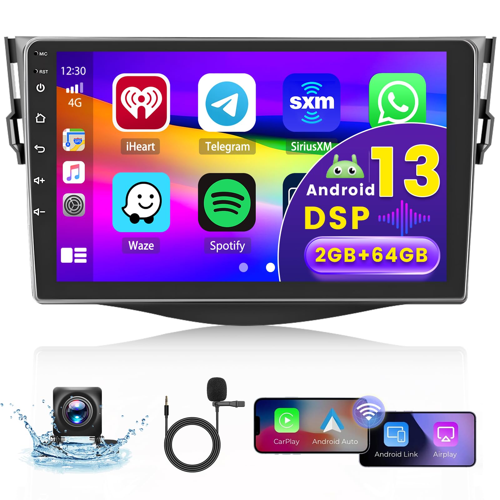 2+64GB Android 13 Autoradio pour Toyota RAV4 2007-2011 Radio Carplay Android Auto, IPS Écran Tactile 9 Pouces Poste Radio Voiture avec Caméra de Recul, Bluetooth Stéréo, GPS, WiFi, DSP, Mirror Link