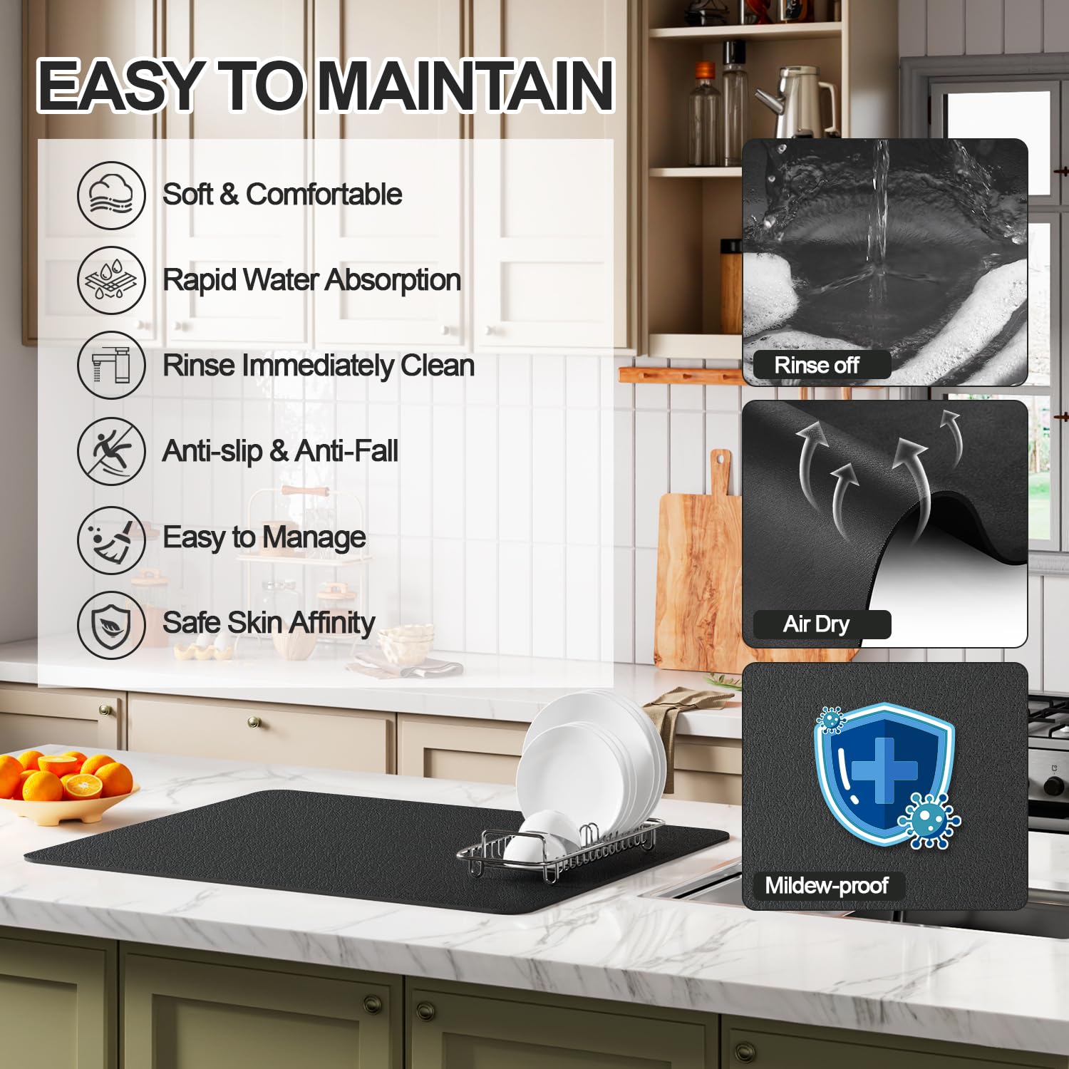 Ecotrim - Dish Drying Mat for Kitchen Counter | Coffee Bar Mat for Countertops | Heat Resistant Drainer Mat with Non-slip Rubber Backed | Hide Stain Kitchen Absorbent Draining Mat | Black 16"x20" 2