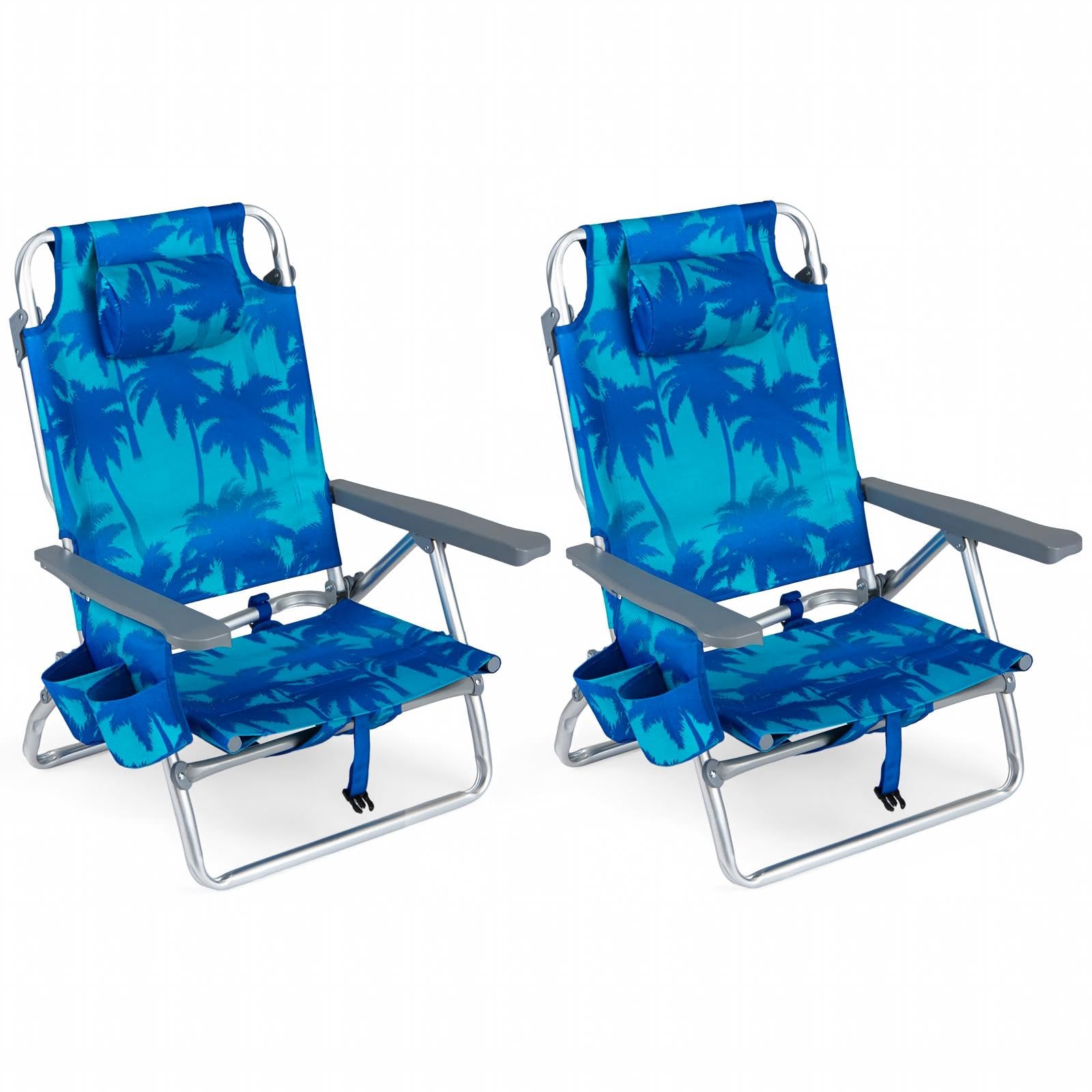 GIANTEX Folding Beach Chair, Patio Sling Chairs with 5 Adjustable Position, Head Pillow, Storage Bag, Towel Bar, Cup Holders, Backpack Chairs for Sunbathing, Camping Chair