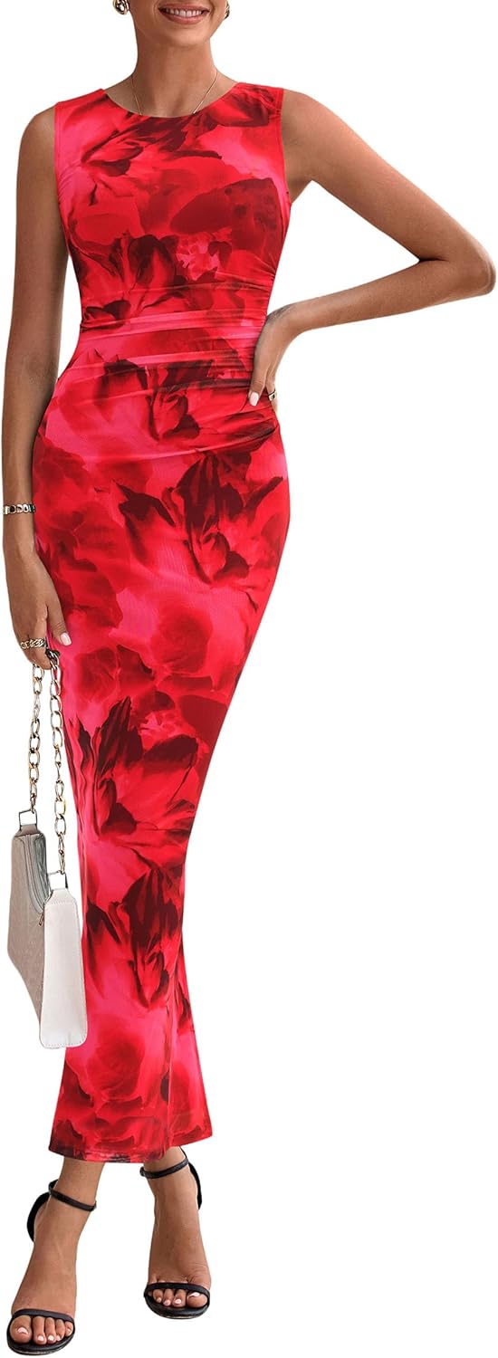 PRETTYGARDEN Womens Summer Wedding Guest Dress 2026 Spring Mesh Sleeveless Bodycon Ruched Floral Holiday Maxi Long Dresses - Image 2