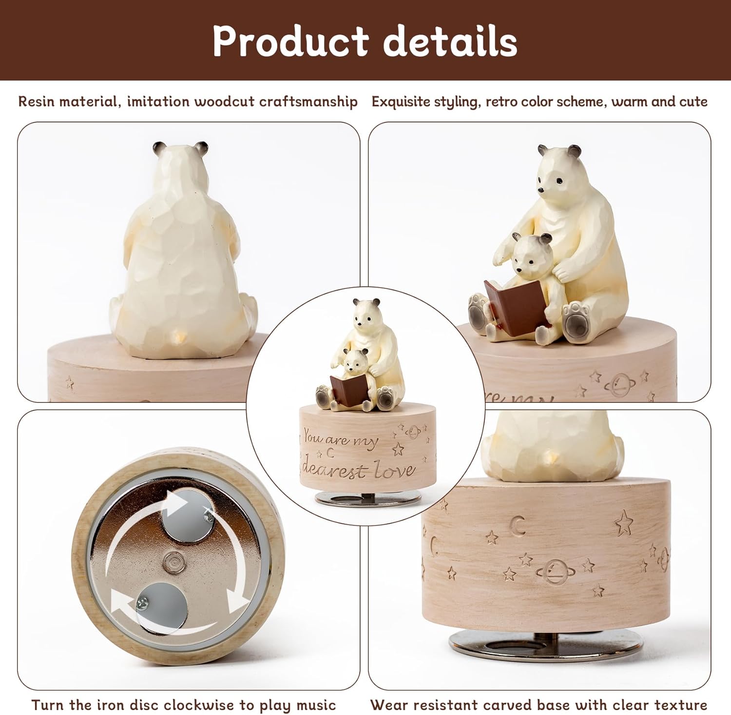 Bear Music Box Figurine, Sculpted Hand-Painted Musical Figure Gifts, for Birthday Mothers Day Anniversary, Play You are My Sunshine - Image 2