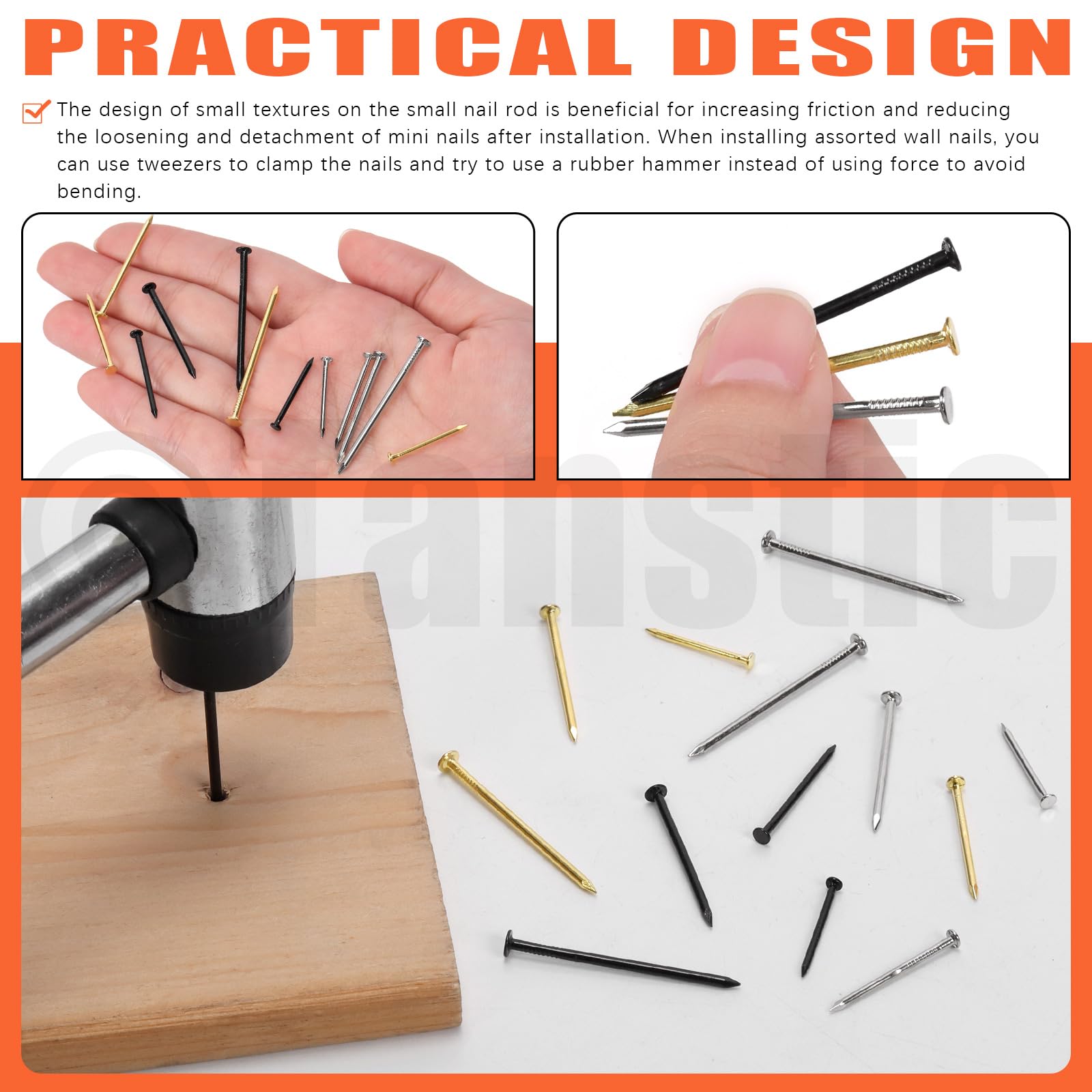 Tanstic 900Pcs 4 Sizes Hardware Nails Assortment Kit Finishing Nails Nails for Hanging Pictures Small Nails Wall Nails for Picture Hanging Woodworking - Image 4
