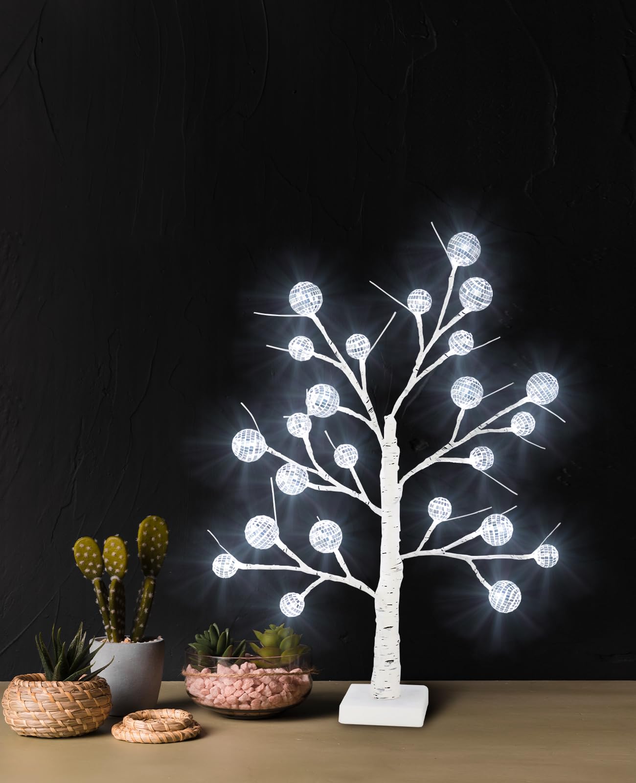 AceList Disco Ball Decor Lighted Tree, 24 LED Table Centerpieces Birch Tree with Mirrored Ball Lights, Battery Powered & USB Light up Tree for Cowgirl 70's Disco Party Decorations, Birthday Parties