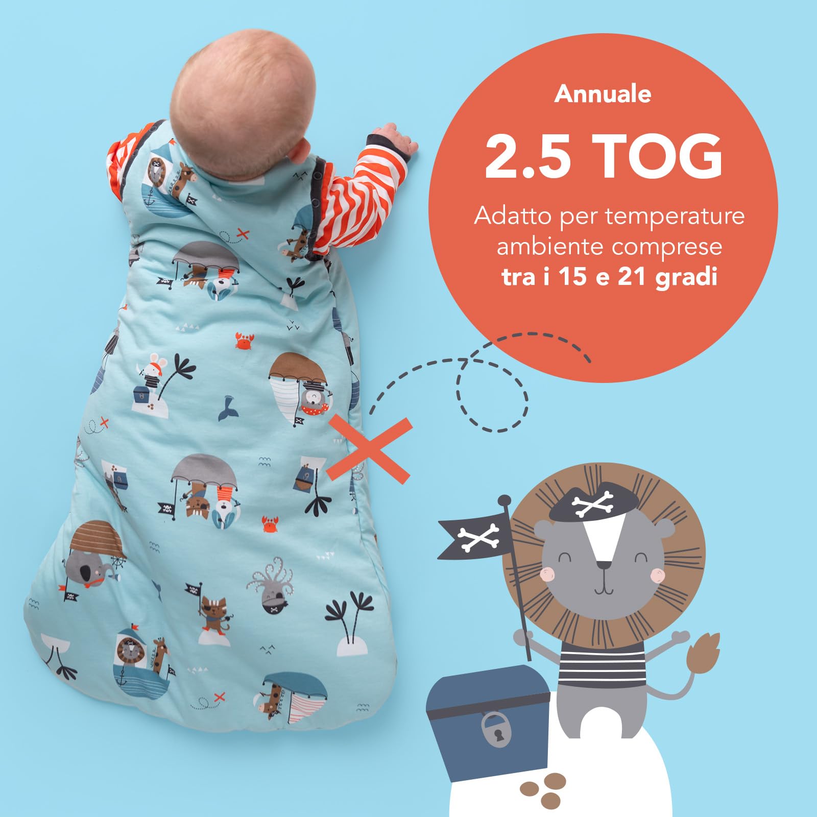 schlummersack Slumbersac Sacco nanna Tog 2.5 150 cm Pirata | Sacco a pelo bambini 6-10 anni cotone | Sacco nanna annuale maniche rimovibili
