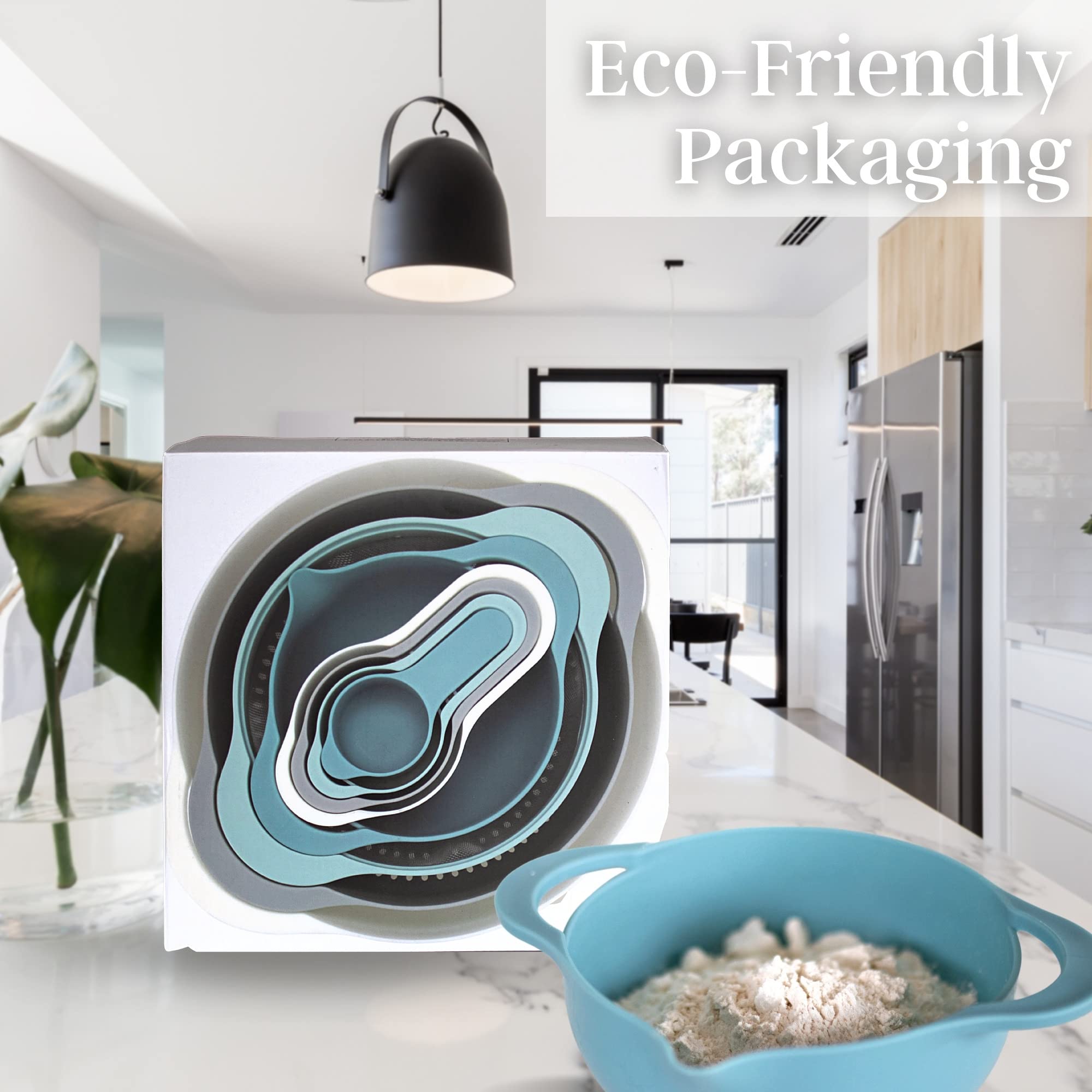 Macho'S Tuff - Mixing bowl set for Baking or Cooking - 4 pcs measuring cup set - Colander - Sieve - Small bowl with measurements - Large Bowl, Grey/White