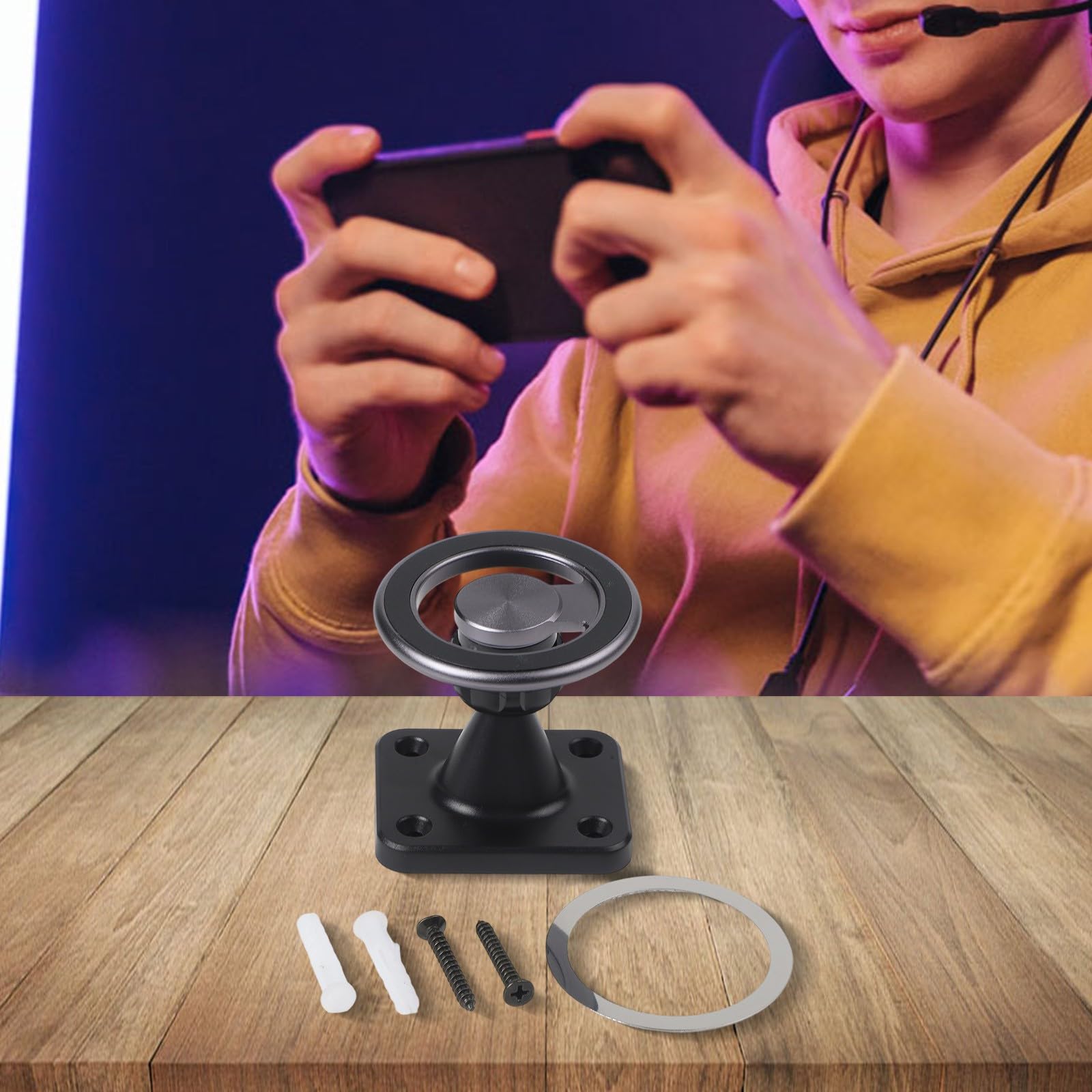 Supporto da parete regolabile per tablet e telefoni rotanti a 360°, struttura in lega di alluminio, per design compatto 6 x 5 cm, forte tenuta magnetica, nero
