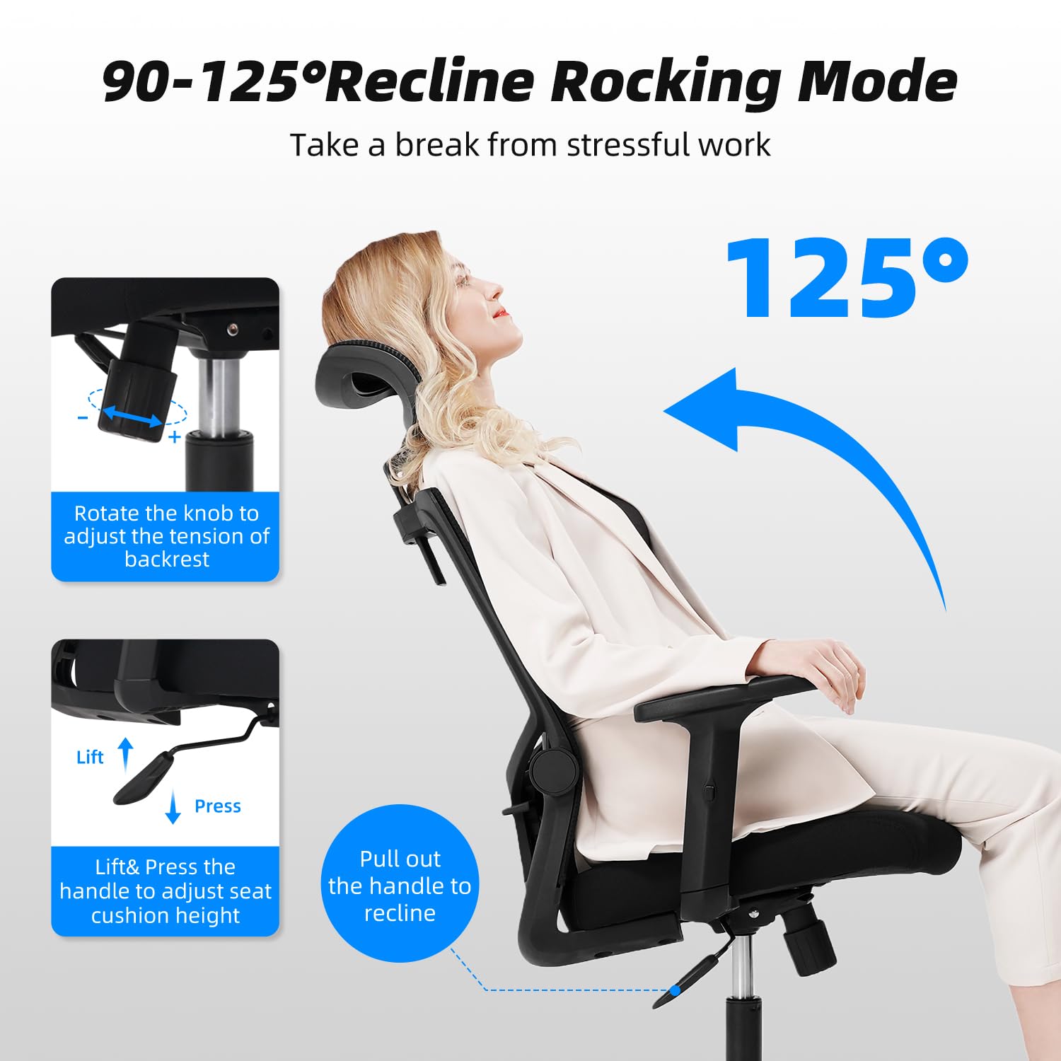 Daccormax Chaise Bureau Ergonomique, Fauteuil de Bureau Confortable à roulettes, Siège Inclinable Pivotant, Accoudoirs Réglables, Appui-Tête Ajustable 11cm, Support Lombaire Réglable, Noir