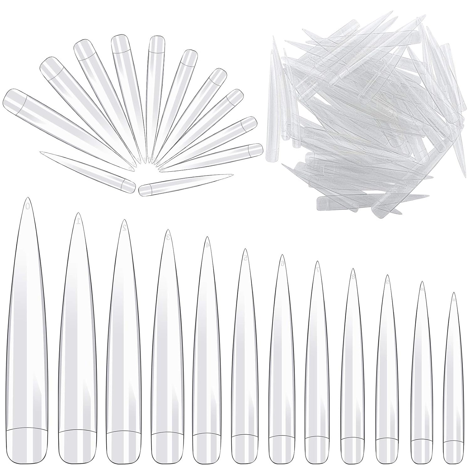 Elcoho 240 Pieces Stiletto Nail Tips Extra Long Clear Half Cover False Nail Art Tips Acrylic Fake Nail Tips Artificial Nails Tips 12 Sizes with Bag
