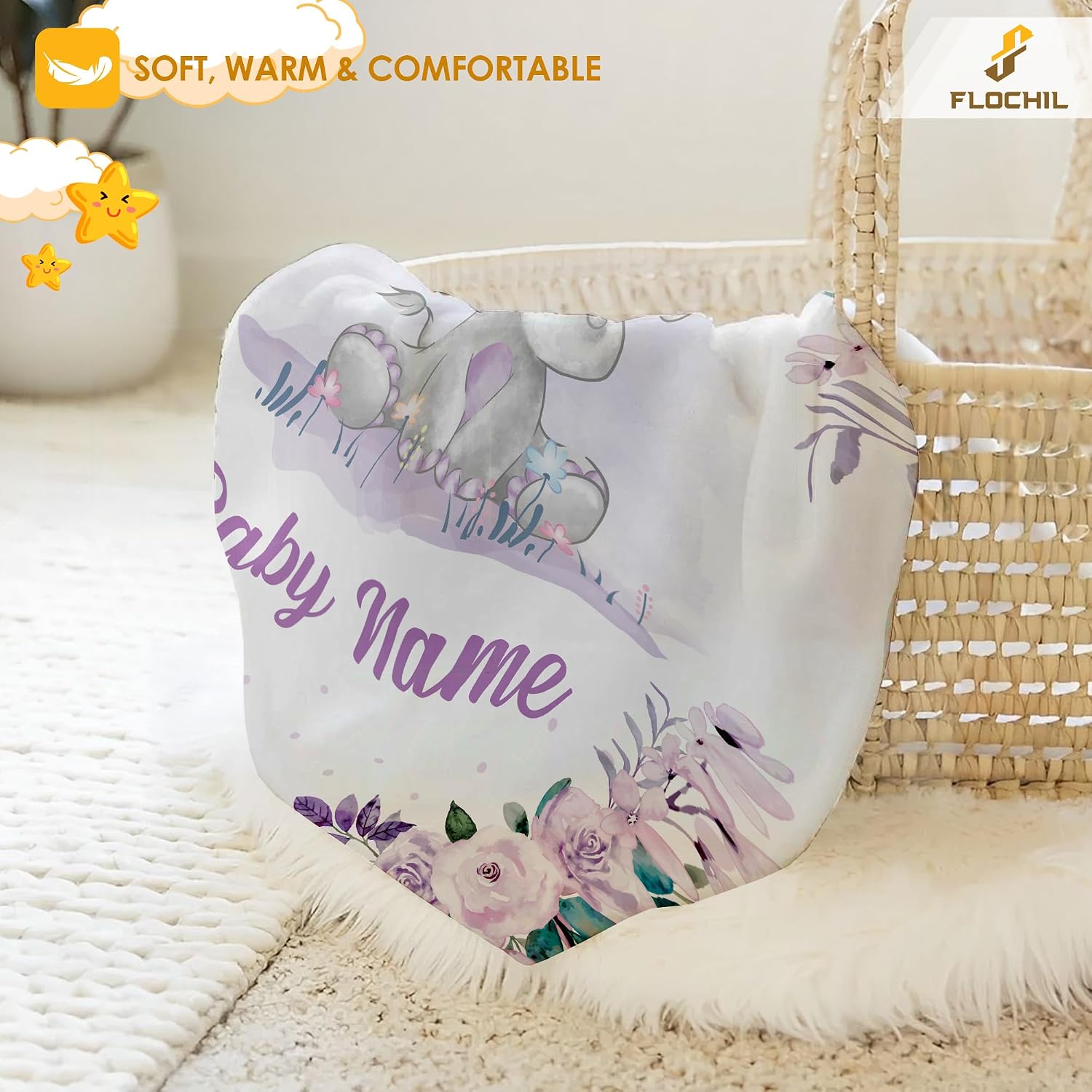 FLOCHIL Personalized Baby Blanket for Girls, Custom Baby Blanket with Name, Customized Elephant Baby Blanket, Gift for Baby Shower, Toddler, Babies, Newborn