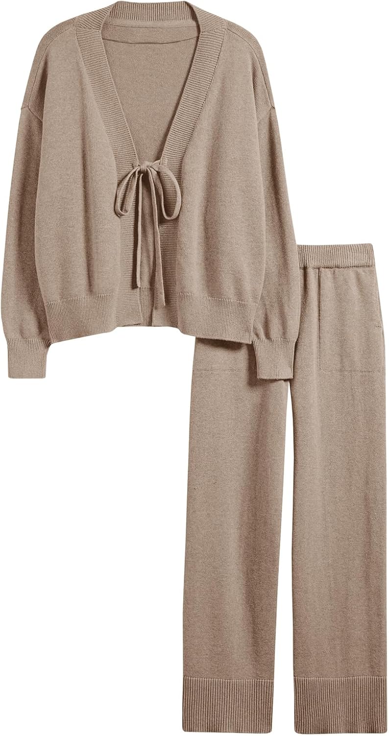 Tankaneo Womens 2 Piece Sweater Sets Oversized Tie Front Cardigan Elastic Waist Pants 2025 Matching Loungewear - Image 6
