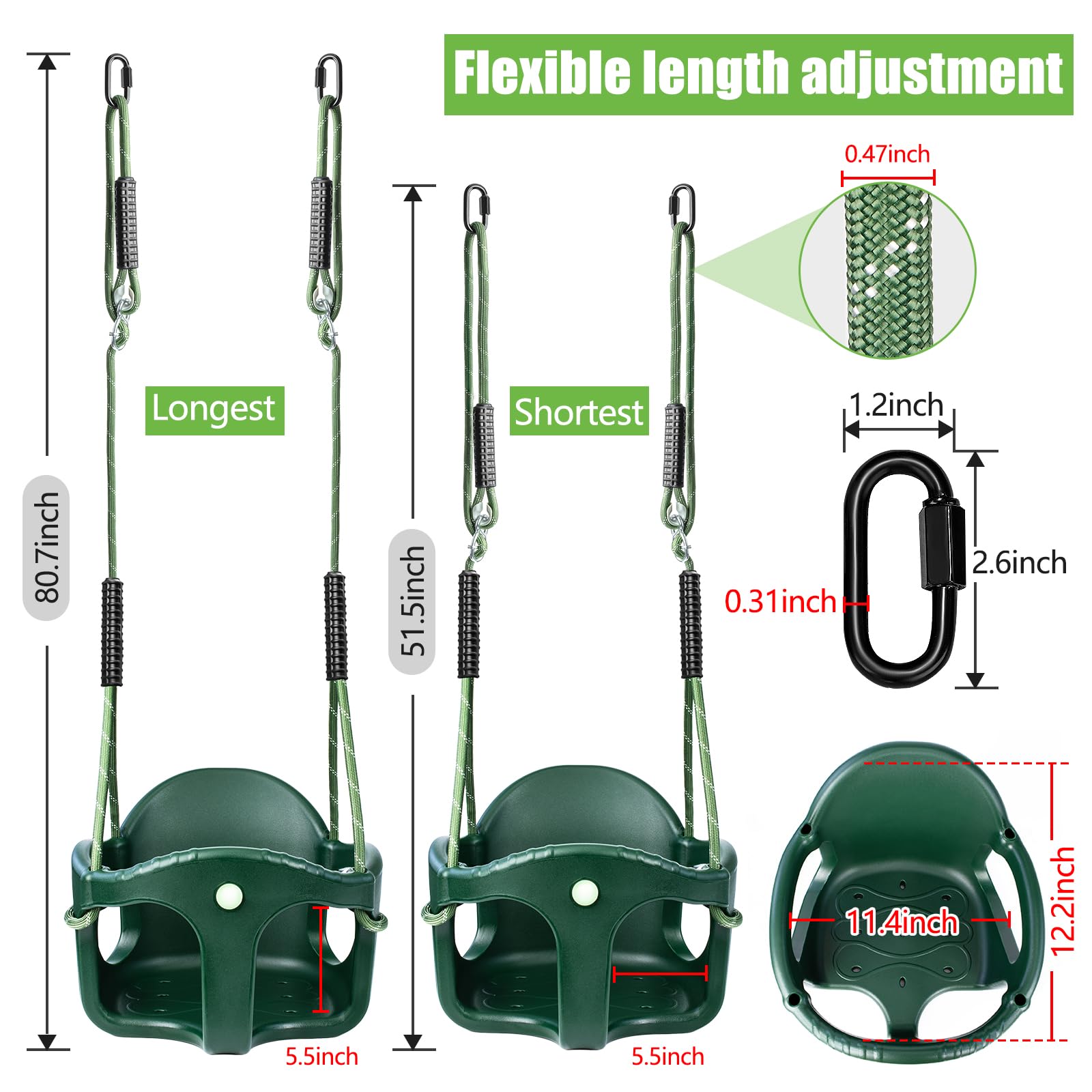 Altalena per bambini, per esterni, con schienale alto, in plastica, con corda regolabile da 1,3-2 m e 2 moschettoni, per bambini, altalena da giardino, verde, 90 kg
