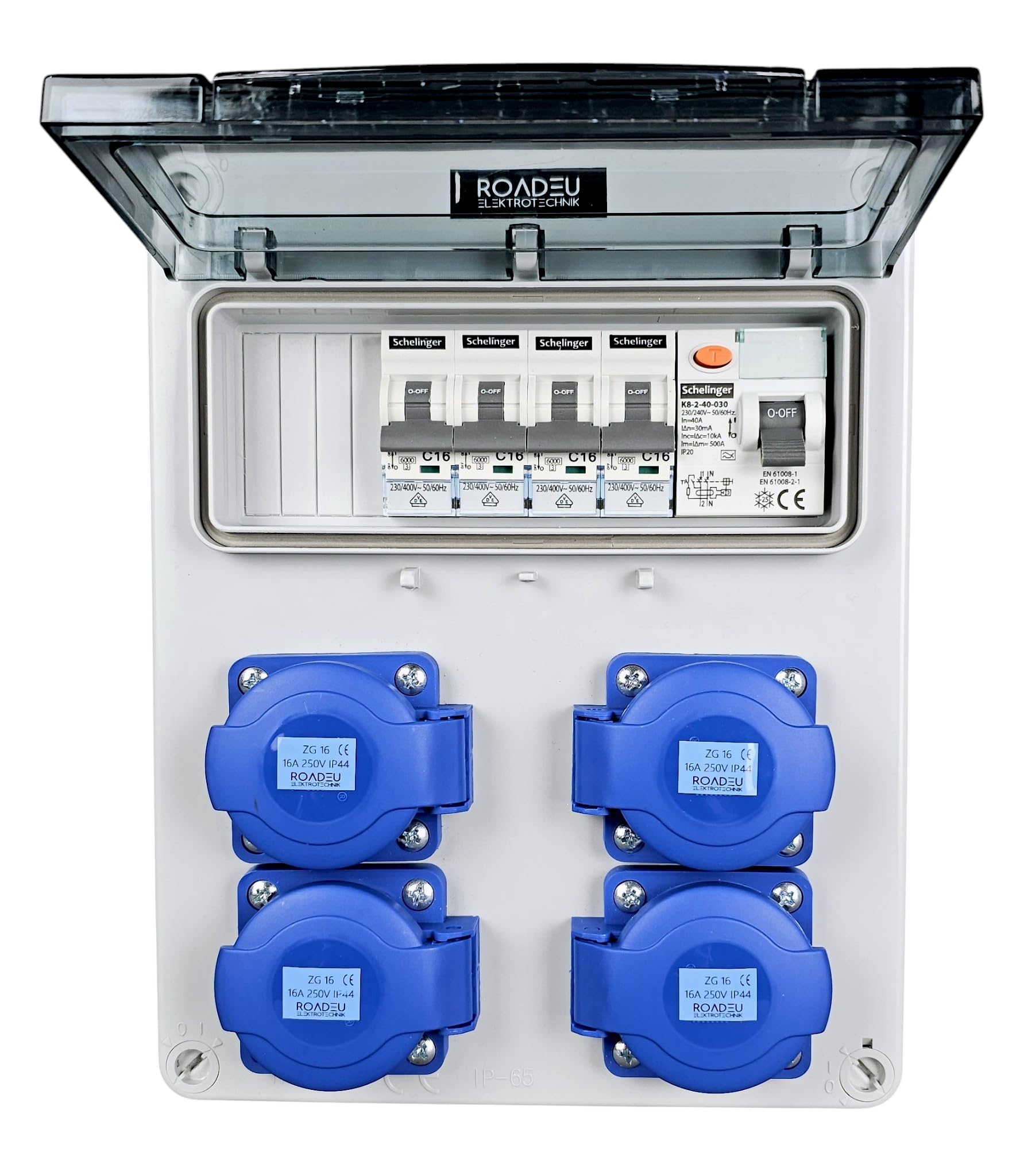 RoadEu Cuadro eléctrico 230V IP44 con diferencial y 4 tomas Schuko | 4 magnetotérmicos C16A VDE, cableado 2,5 mm², bornes N+PE, PG16, precableado