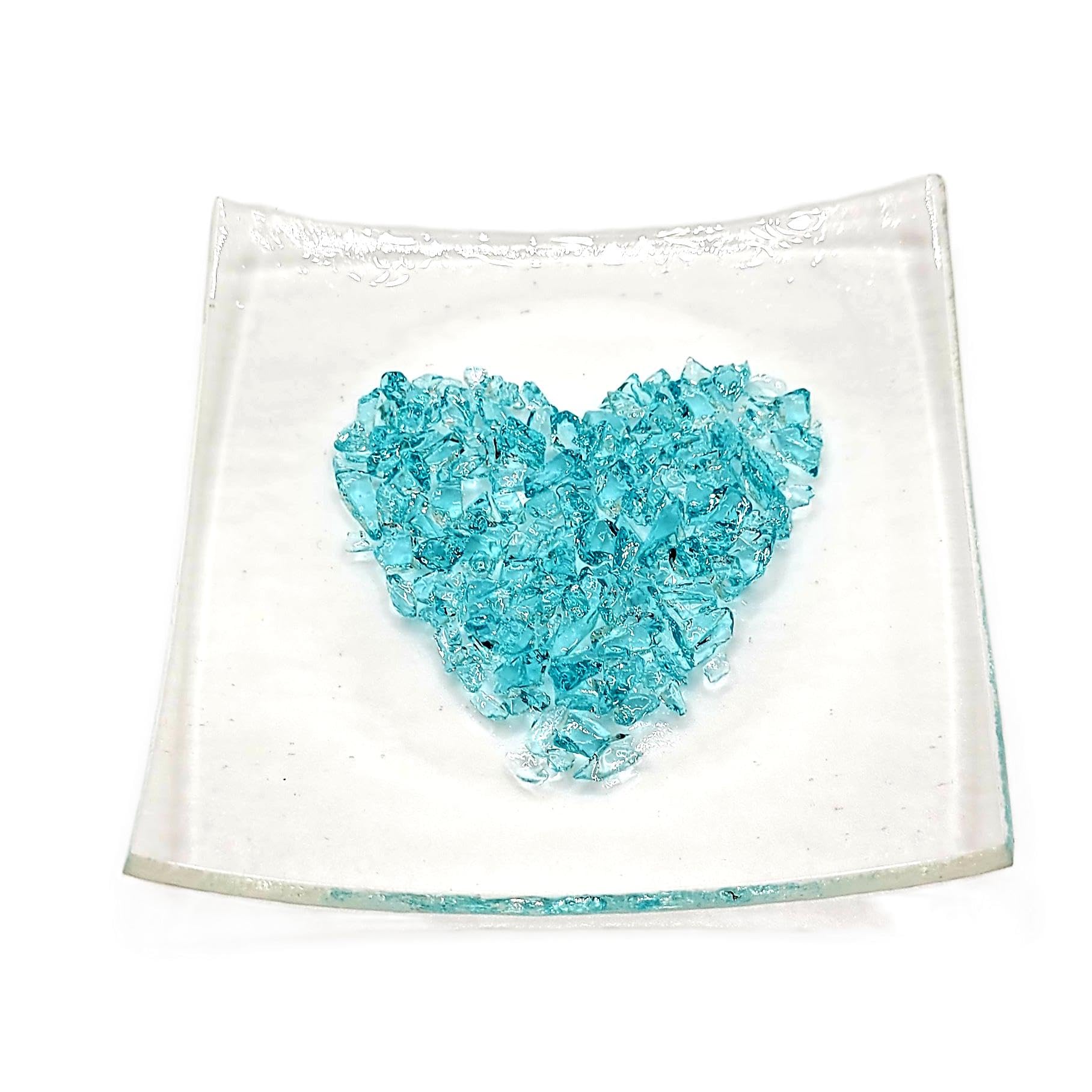 Handmade Fused Glass Trinket Dish with Crushed Glass Heart in Choice of Colours (Aqua) — image 1