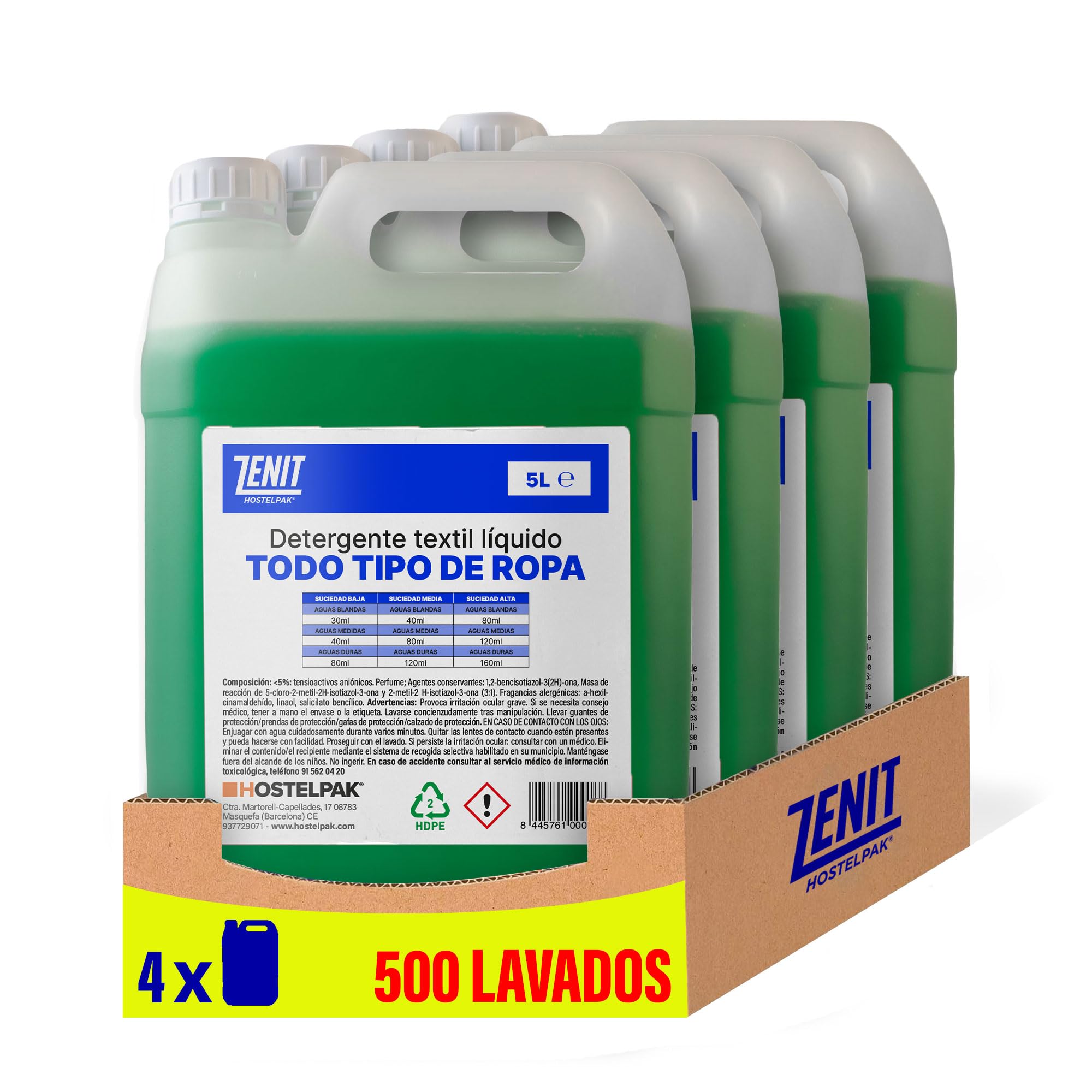 Hostelpak | 4 x 5L - Detergente líquido Todo Tipo de Ropa, Lavandería profesional, Detergente ropa clásico, Detergente para el lavado de ropa